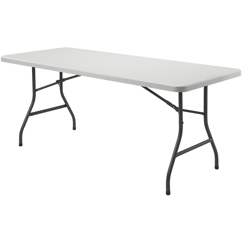 LLR66655 - Rectangular banquet table is designed for light-duty use indoors or outdoors. The 1-1/2" thick, square-edge top is made of blow-molded, high-density polyethylene for a sturdy surface. 1" tubular steel legs are powder-coated for durability. Banquet table holds up to 600 lb. evenly distributed.