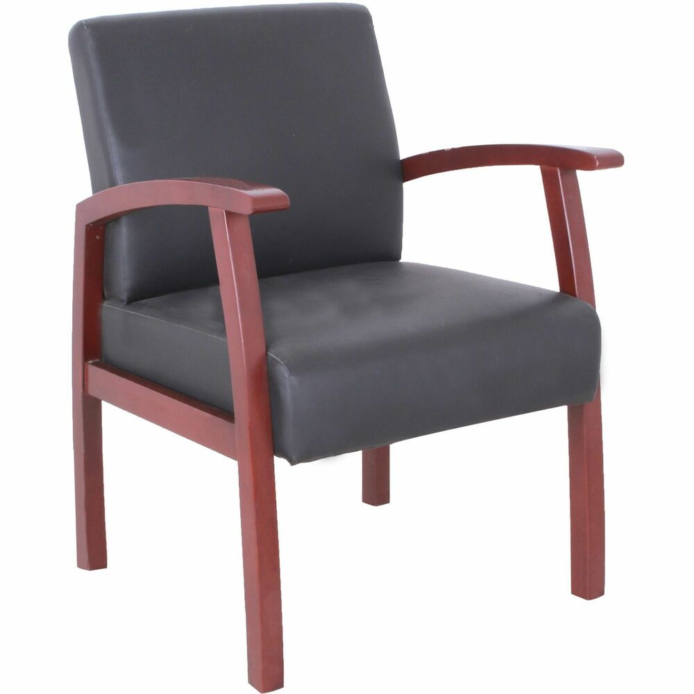 LLR68556 - With a sturdy wood frame in Mahogany, this guest chair provides inviting seating for your reception area or office. Seat is thickly padded for enhanced comfort. The padded back features built-in lumbar support. Wood frame and arm construction provides durability and strength. Adjustable leg sliders on the four-leg base allow leg leveling on uneven floors. Easily assemble chair using the chair's unique locking system. Assembly requires no tools.