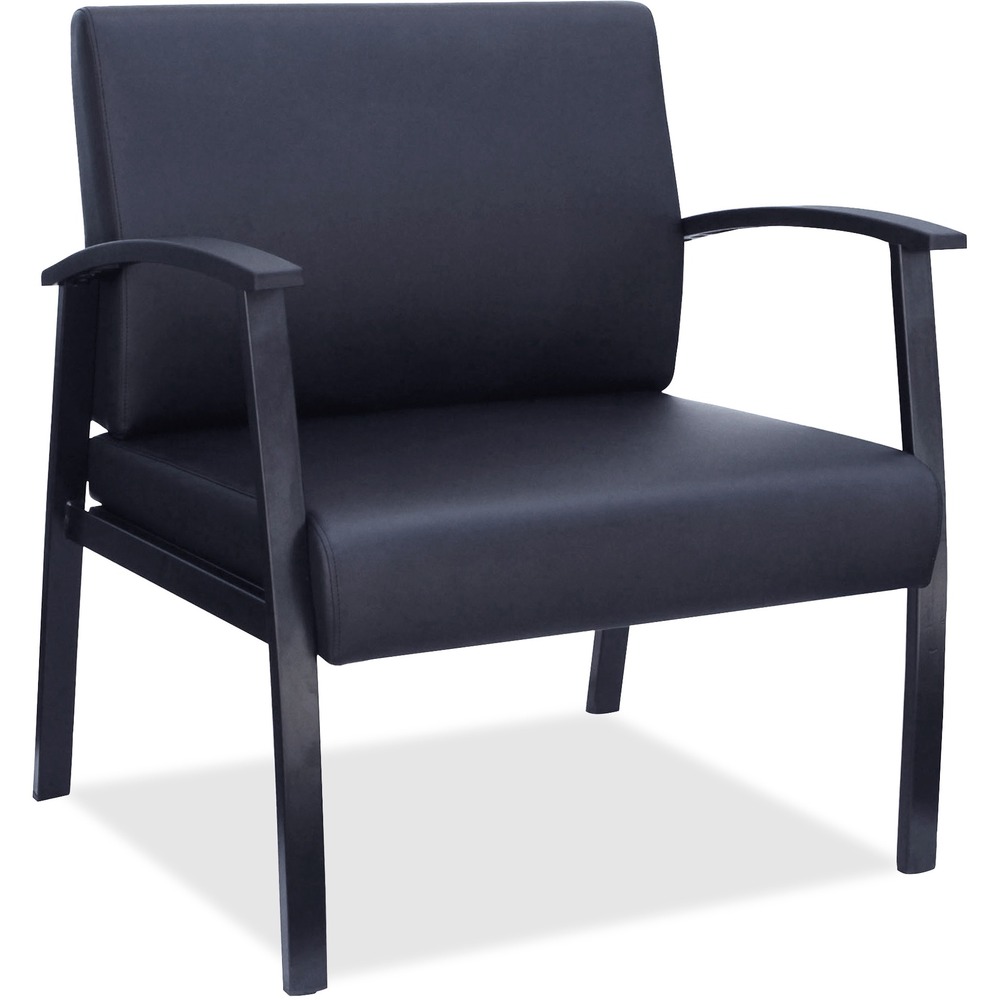 LLR68557 - With bonded leather upholstery and a sturdy steel frame, this Big & Tall Guest Chair provides inviting seating for your reception area or office. Thickly padded seat offers a 450 lb. capacity. Cushioned back features built-in lumbar support. Steel frame and arms provide durability and strength. Adjustable leg sliders on the four-leg base allow leg leveling on uneven floors. Easily assemble chair using the chair's unique locking system.