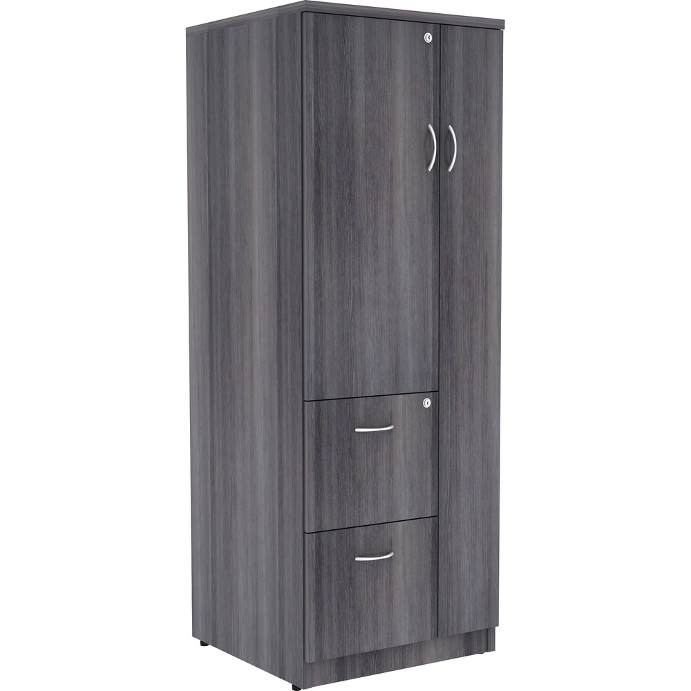 LLR69659 - Tall storage cabinet is part of Lorell Relevance Series, versatile and stylish office furniture that configures to meet your needs. Weathered Charcoal laminate exterior matches other units in the series for a cohesive, professional look. Full-length compartment on the right features a door to conceal contents. On the left, the half-length compartment includes a locking door and two shelves. The bottom two drawers lock to secure your belongings and hold letter-size files. Durable, Weathered Charcoal laminate surfaces provide a professional look and are abrasion-resistant. The back is finished on both sides. Cabinet is made of particleboard and medium-density fiberboard. Adjustable levelers help stabilize the cabinet on uneven surfaces. More from the Manufacturer