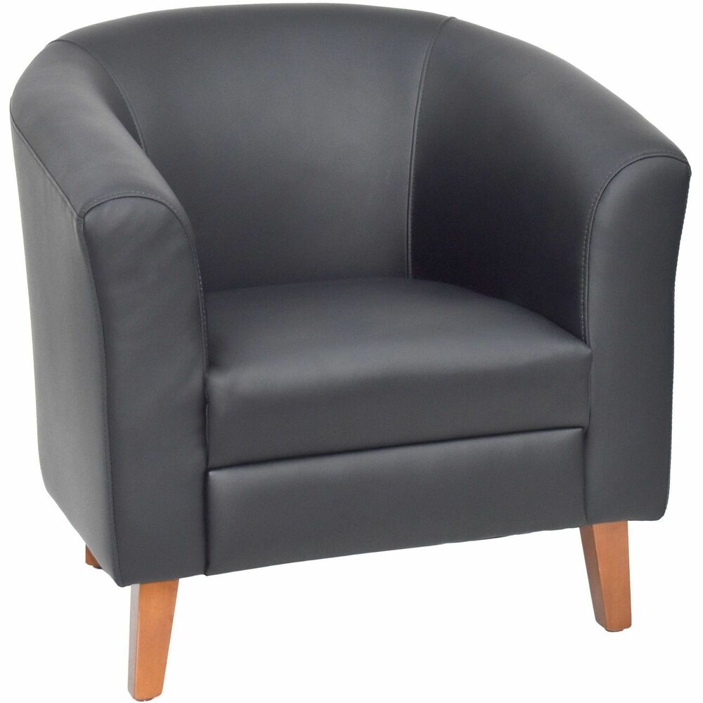 LLR82098 - Add style and elegance to any reception or lounge area with this barrel armchair. It is upholstered with black bonded leather for a professional look. Classic design includes a supportive back, nearly full-height arms and a thickly cushioned seat. Four wooden legs hold up to 250 lb. capacity.