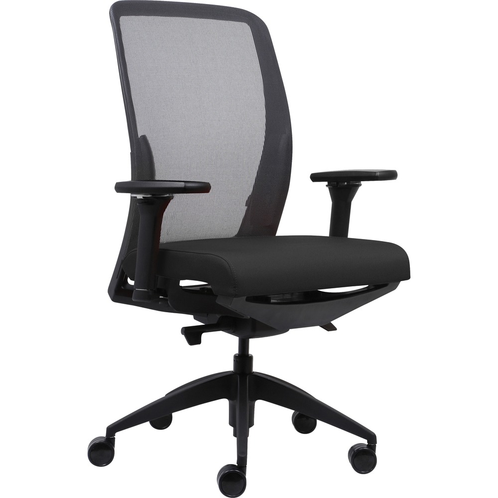 LLR83104 - Contemporary swivel task chair features a unique mesh back that provides superior comfort and support with adjustable lumbar support and air circulation. Suspended seat contains bands of rubber embedded in molded foam covered with high-quality, black fabric upholstery. Integrated seat slider lets you set the seat exactly where you want it. Three-paddle control provides one-touch seat-height adjustment, four-position back lock and tilt tension. Six-way arms, adjustable tilt tension and four back-lock positions let you adjust the chair to meet your specific preferences. Arms move up and down; in and out; and forward and back for enhanced ergonomic support. Synchronized tilt control provides reduced front edge rise while reclining. When desired, a convenient back lock prevents the back from reclining. Soft-touch armrest pads provide comfort and protection for desks or tables. Fiberglass-infused, reinforced nylon base with high-performance casters delivers strength, support and comfort.