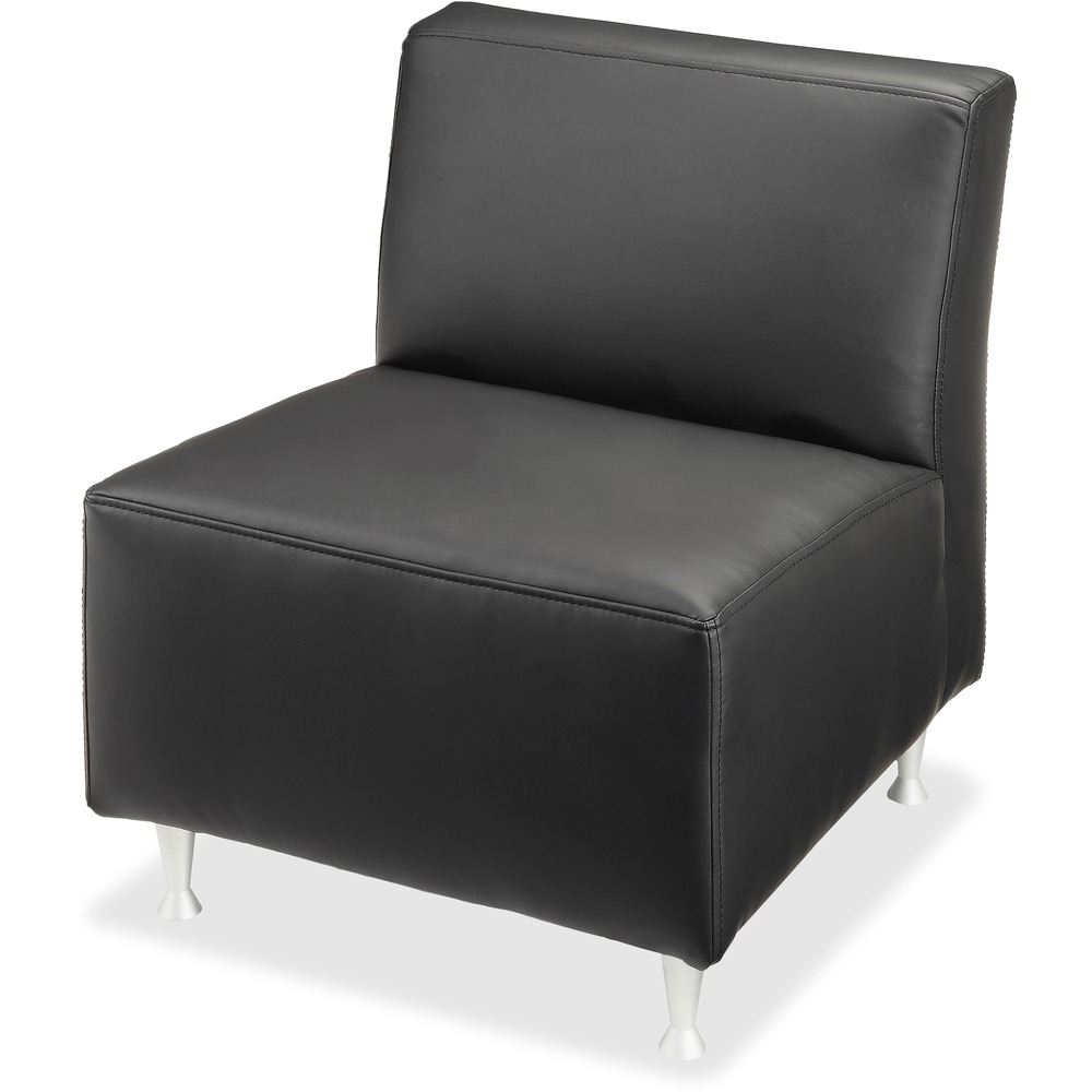 LLR86917 - Armless lounge chair provides comfortable seating and is part of Lorell's Fuze Modular Lounge Series that supports the mobile lifestyle. This series includes ways for guests to easily power their mobile lifestyle with a power outlet, Wi-Fi plug and two USB ports on the sides of the square and end lounge chairs as well as atop the connector table unit (all sold separately). This lounge chair is fully upholstered in black leather and has no arms or power outlets. It fits into multiple configurations that are ideal for impromptu collaboration, reception and lounge areas. Four brushed aluminum legs offer reliable support. Design also includes a supportive back and thick cushion for the seat. Seat measures 24-3/4" wide x 19-3/4" deep x 17-3/4" high. Back size is 24-3/4" wide x 13" high from seat. Weight capacity is 250 lb.