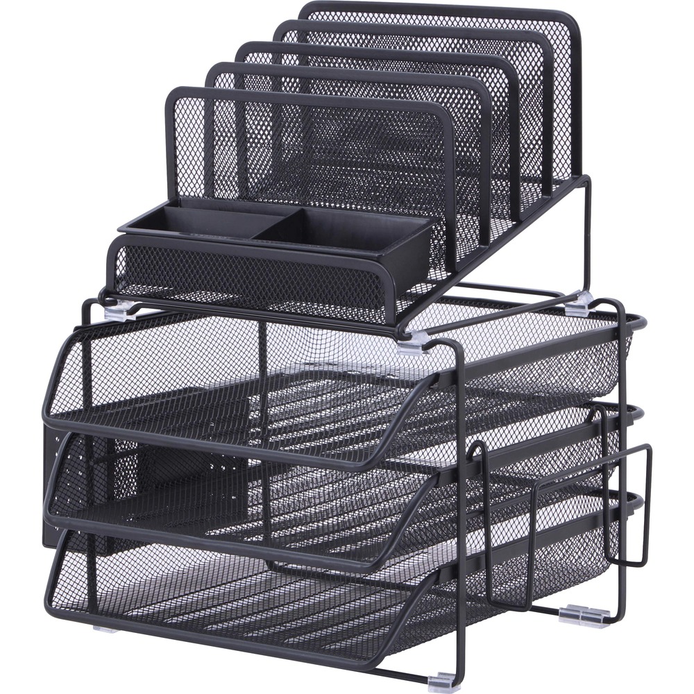 LLR95251 - Divided desktop organizer features multiple storage areas to keep a wide variety of your supplies within easy reach. Four-tiered space on top keeps your file folders efficiently organized. Plastic tray offers a handy area to keep paper clips, erasers, notepads and more. Three extra-deep sliding trays provide quick access to your important files and papers. Mesh organizer also features an easy-to-use design to let you quickly assemble it in a flash.