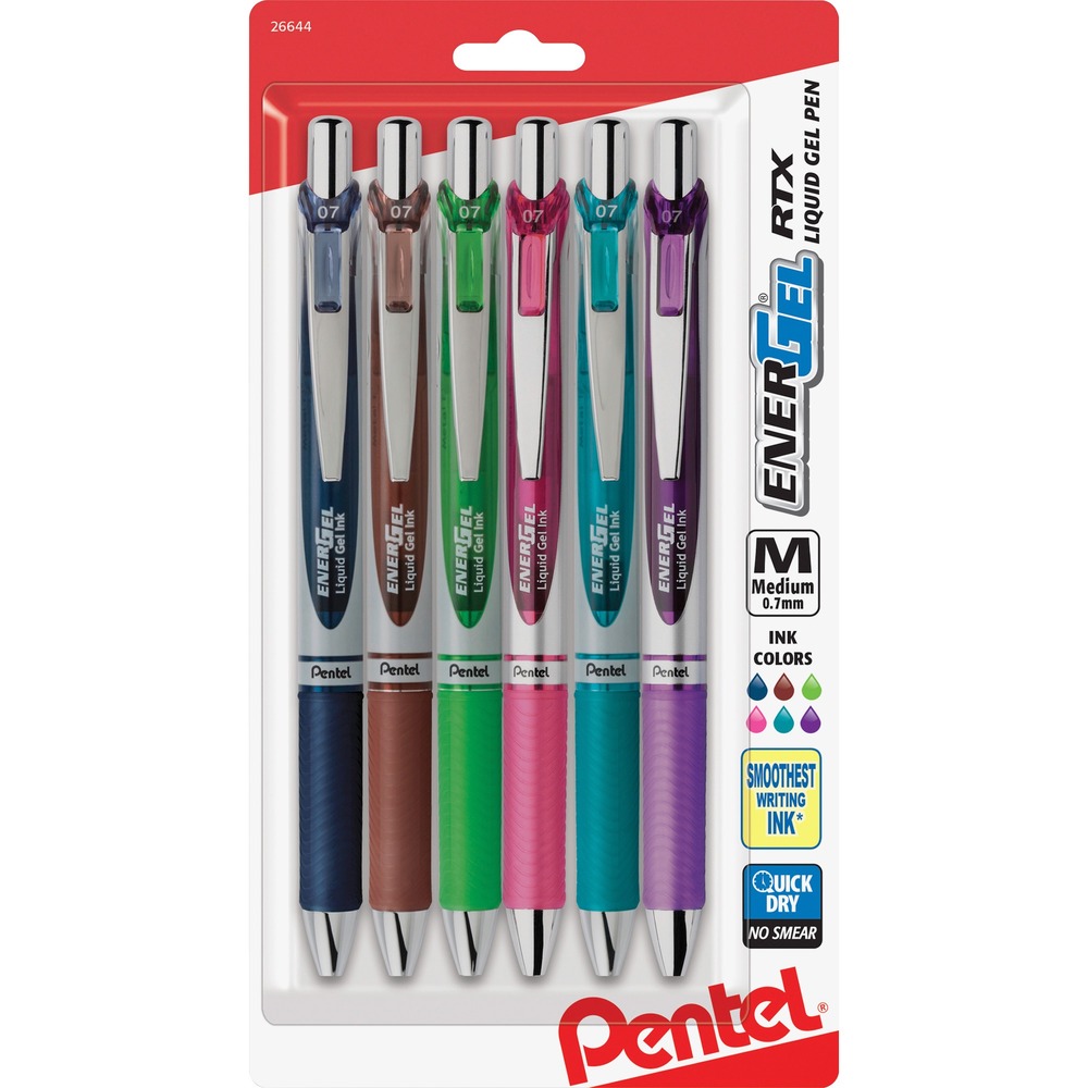 PENBL77BP6M1 - EnerGel Liquid Gel Pen delivers the ultimate writing experience with a stainless steel tip and super-smooth blend of liquid and gel inks that glide across paper. Liquid gel ink dries so fast even left-handed writers love it - no smears, no smudges and no globs. Acid-free ink formula is excellent for everyday notes yet safe for vital documents. 0.7mm medium tip conveniently retracts to protect pockets and purses. Latex-free grip delivers maximum comfort and control, and the stainless steel accents offer a professional look. Refill with Pentel LR7 or any EnerGel refill.