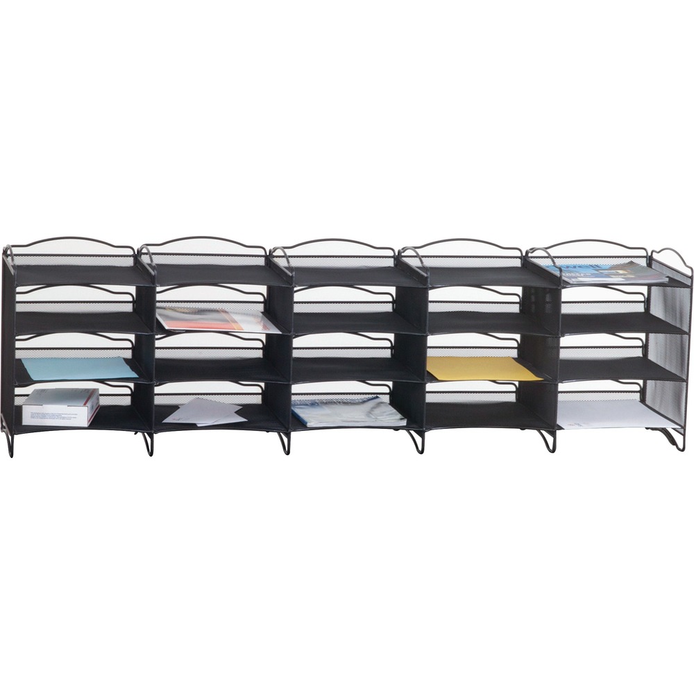 SAF7770BL - Onyx Mail Sorter offers a sturdy solution to managing your heavy mail influx. It features 20 oversized letter compartments to accommodate most mail. Each compartment measures 11" wide x 12-1/2" deep x 3-3/4" high and holds 5 lb. The sorter offers a total capacity of 500 sheets. You can make sorting mail even quicker by using the included 20 labels and plastic label holders. If you need more space, these sorters can stack up to two high. Mail sorter is made of sturdy steel mesh with durable, black powder-coat finish. Its 56-3/4" width allows it to fit on Safco's mailroom tables - models 7749 and 7750 (sold separately).
