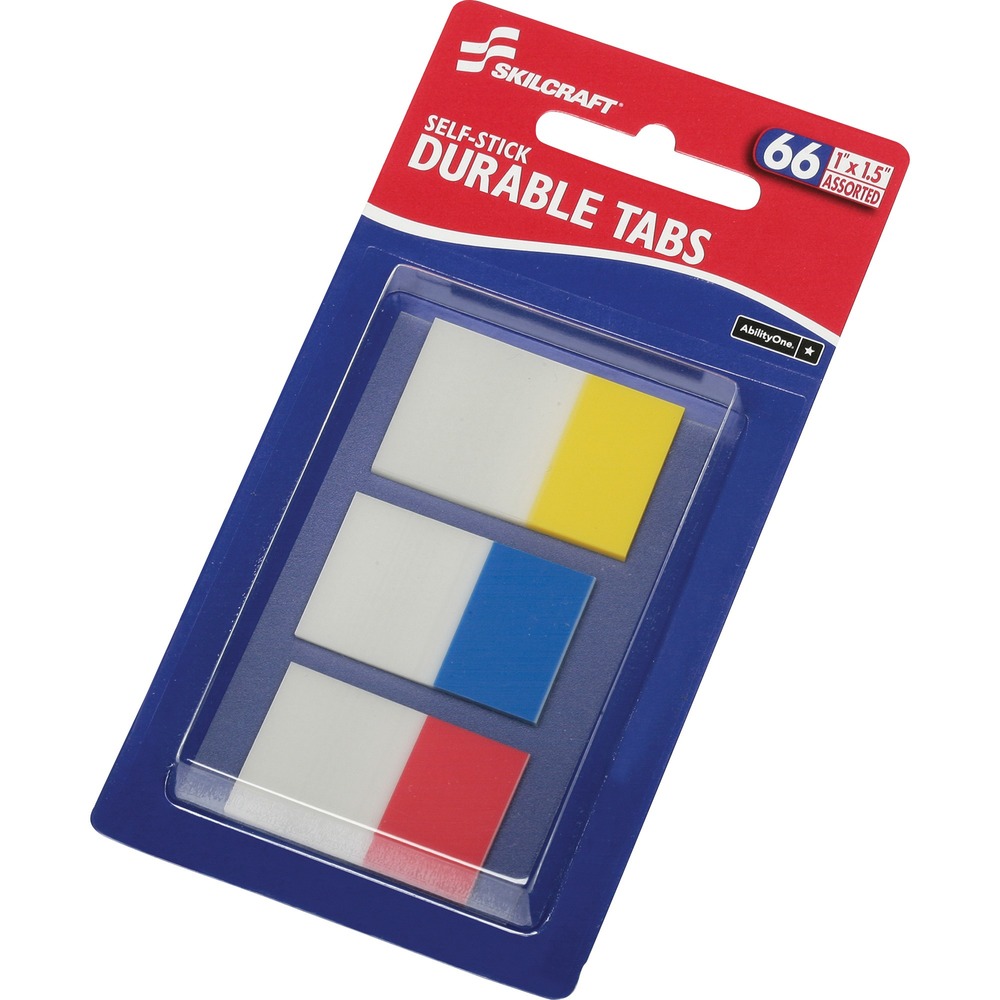 NSN6614493 - Organize, label and color-code papers, project files and binders with these Self-Stick Dura Tabs. Durable, secure self-adhesive tabs are easy to write on and simple to reposition or replace. Dura Tabs stick securely and remove cleanly. They come in assorted primary colors for easy color-coding. All SKILCRAFT Self-Stick products are produced by Americans who are blind. Purchasing this AbilityOne mandatory source product ensures your compliance with federal procurement regulations.