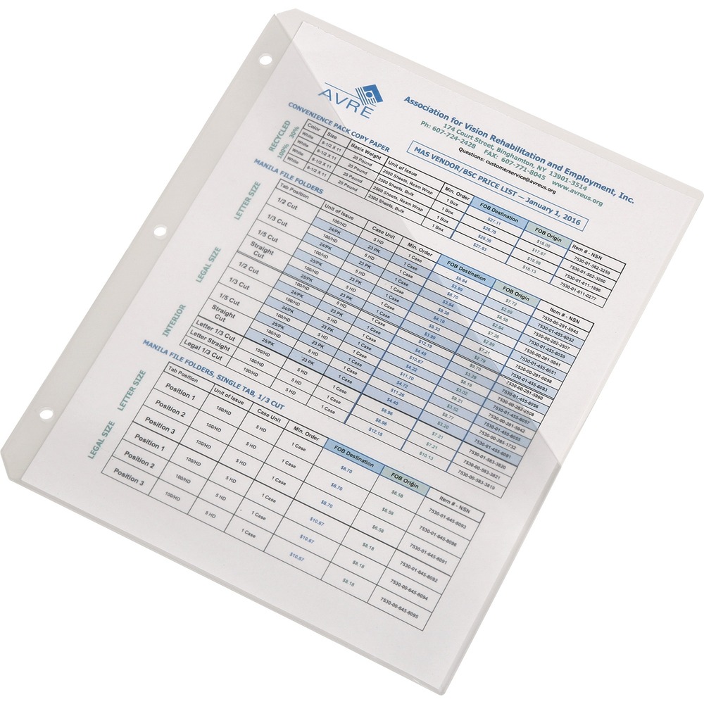 NSN6615820 - Organize unpunched papers in three-ring binders with these Three-Ring Slash-style File Jackets. Made of durable polypropylene, they resist spills and tearing while protecting your letter-size documents. Three-hole punched edge makes it easy to insert in standard-size binders. Diagonal slash pockets on each side keep documents safe yet provide easy access when needed. File jackets are clear for viewing contents at a glance.