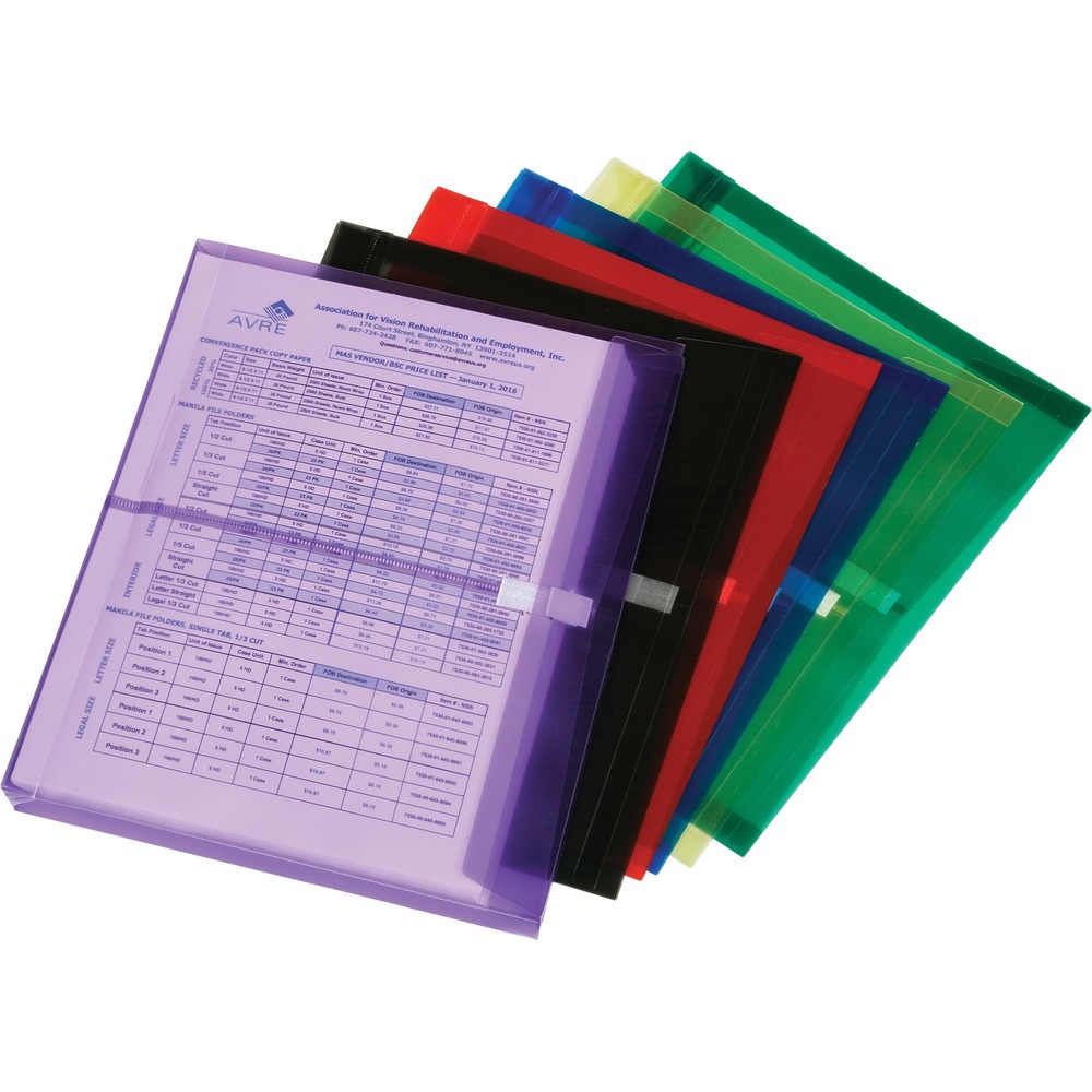 NSN6618837 - Keep project files, important documents and keepsakes secure in Side-loading Translucent Expansion Envelopes. Made of durable polypropylene, they resist spills and tearing while protecting your letter-size documents. Envelopes are closed on three sides and expand to 1-1/4" to hold bulky items or more than 200 sheets of paper. Secure your items with the hook-and-loop closure. Envelopes are acid-free for archival-quality storage and come in six colors for easy color-coding.