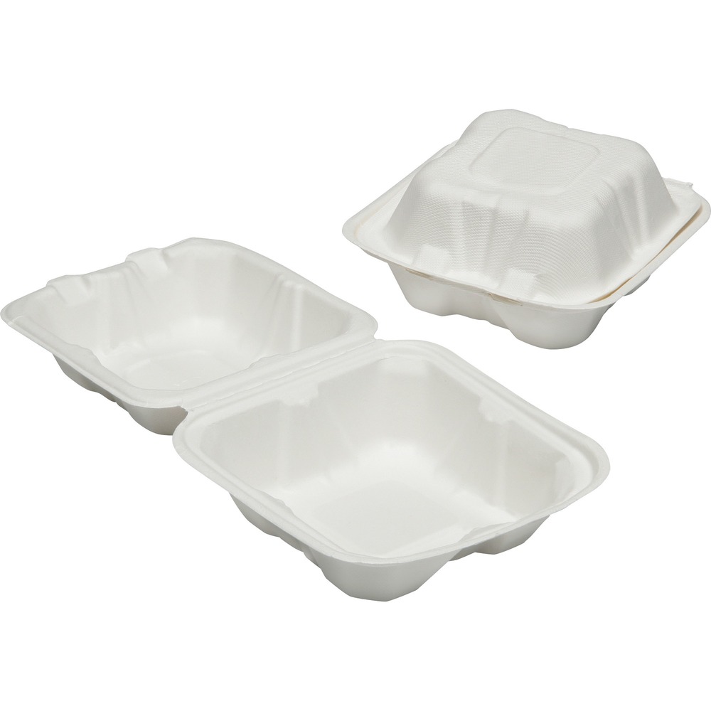 NSN6646906 - Bio-based food containers with hinged lids and secure closures are ideal for transporting and storing hot or cold foods. Square microwavable containers have high insulation qualities yet resist grease. Tabs on hinged lid and slots in base allow secure closure. TAA-compliant food containers are made of wood pulp.