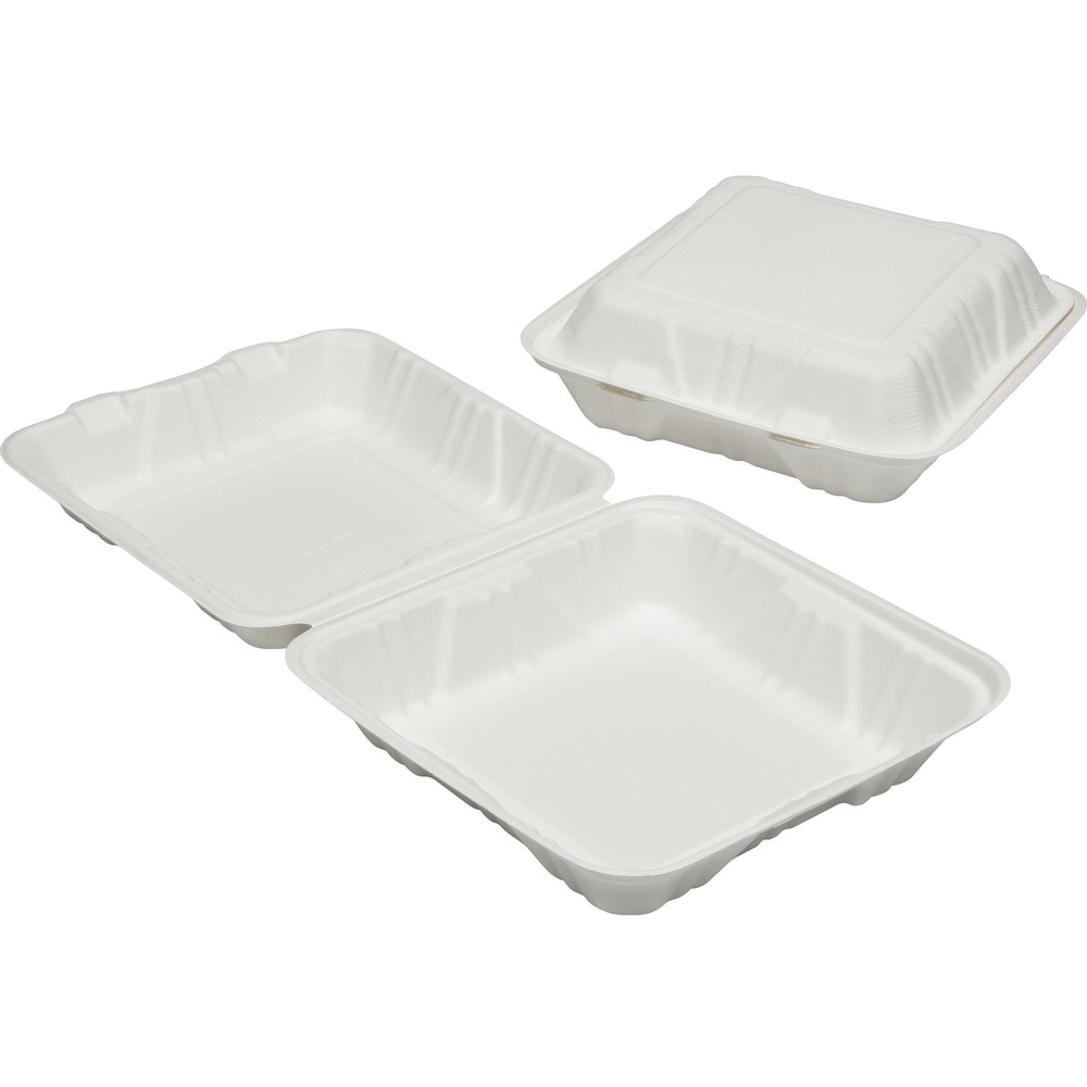 NSN6646907 - Bio-based food containers with hinged lids and secure closures are ideal for transporting and storing hot or cold foods. Square microwavable containers have high insulation qualities yet resist grease. Tabs on hinged lid and slots in base allow secure closure. TAA-compliant food containers are made of wood pulp.