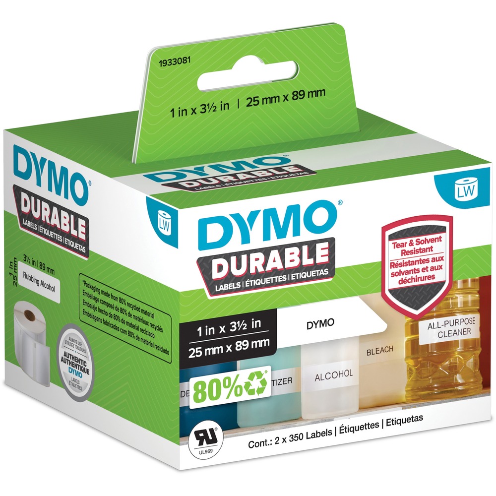 DYM1933081 - Durable labels feature an industrial-strength adhesive to stick securely to challenging surfaces like metal tread plate, textured PVC, wood, glass and more. Protective coating prevents peeling and abrasion due to moisture and solvents. Moisture-resistant design withstands damp conditions up to 85 percent humidity. Labels are perfect for shelf labeling, warehousing, chemical storage, floor markings, inventory and more. More from the ManufacturerRebate: $25 Visa Card w $75 DYMO Purchase View Rebate Details