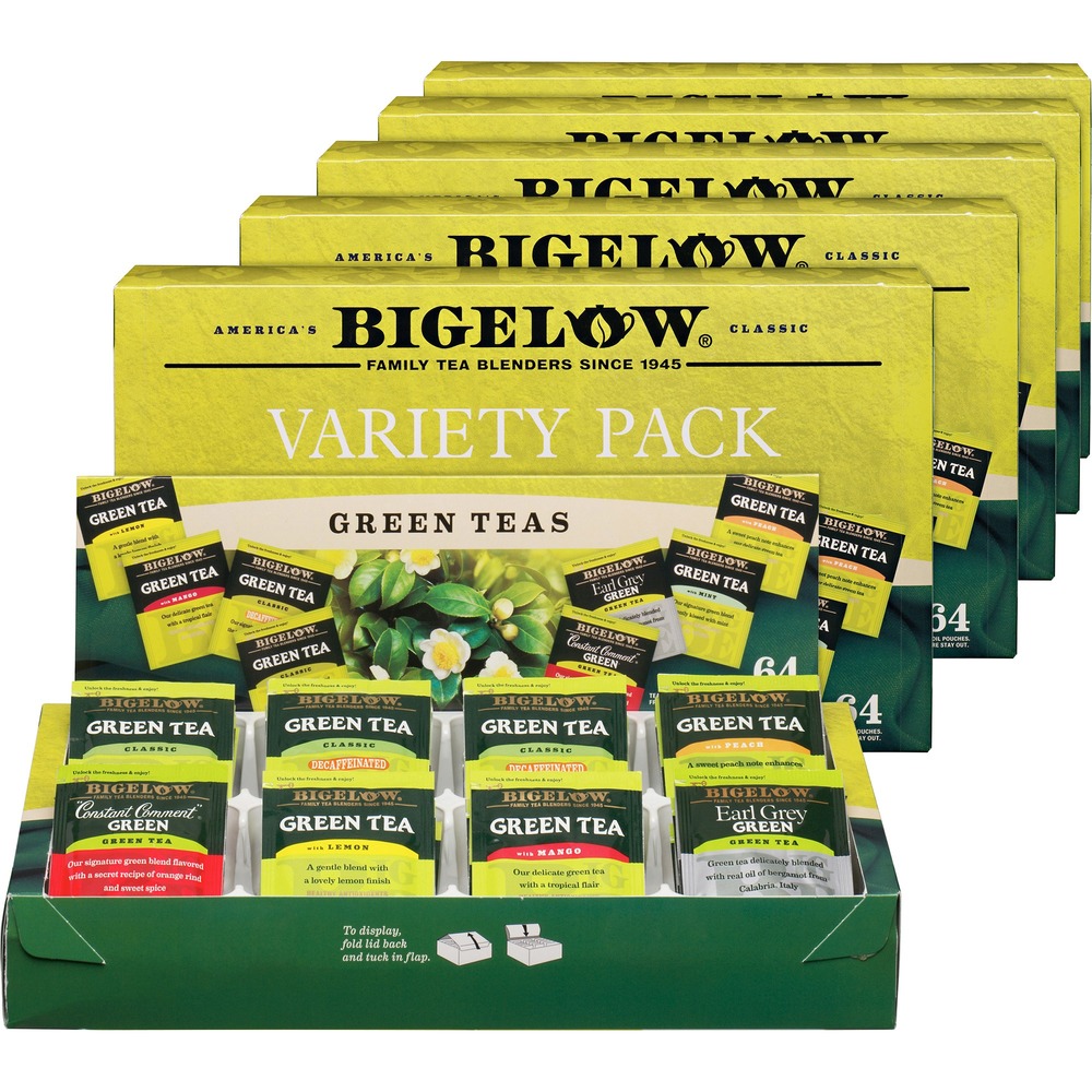 BTC30568CT - Assorted Green Tea Tray Pack contains eight, individually packaged, different Bigelow Green Teas. Flavors include Green Tea, Green Tea Decaffeinated, Green Tea with Mint, Green Tea with Peach, Constant Comment Green, Green Tea with Lemon, Green Tea with Mango and Earl Grey Green. Green Tea comes from Camellia sinensis leaves that are immediately steamed or pan-fired rather than being exposed to air so that no oxidation occurs. This special handling allows a more delicate brew that is typically lower in caffeine than black and Oolong teas. Although amounts vary, green teas are highest in polyphenols known as EGCG, which is why so many make it part of their healthy lifestyle.