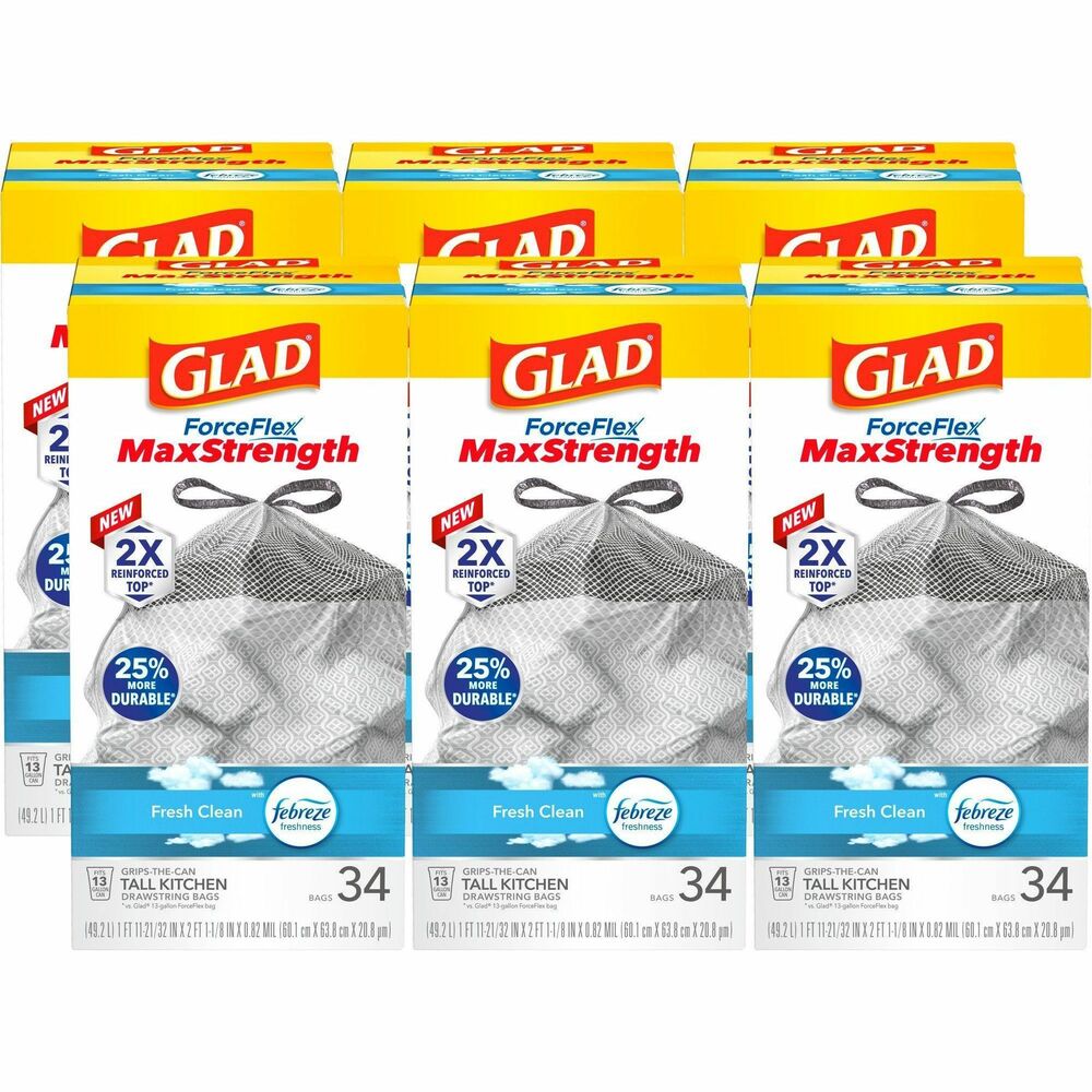CLO70320CT - Glad ForceFlex MaxStrength Tall Kitchen Trash Bags provide strength and Fresh Clean scent with Febreze Freshness to help your business smell fresh. These 13-gallon bags are 25 percent more durable vs. 13-gallon Glad ForceFlex with a 2X reinforced top compared to a standard, 13-gallon Glad kitchen bag to pull and carry, helping prevent rips at the top. It also features an outer leak protection layer and inner layer that stretches to help prevent rips and tears. Great for commercial facilities like restaurants, offices, cafeterias, schools, gyms, studios and more, these bags feature OdorShield technology that provides odor control to help fight smells. For bags made in Glad U.S. plants, they are made with 100 percent renewable electricity, and all electrical energy used is offset by virtual power purchase agreements and purchased renewable energy certificates (RECs).