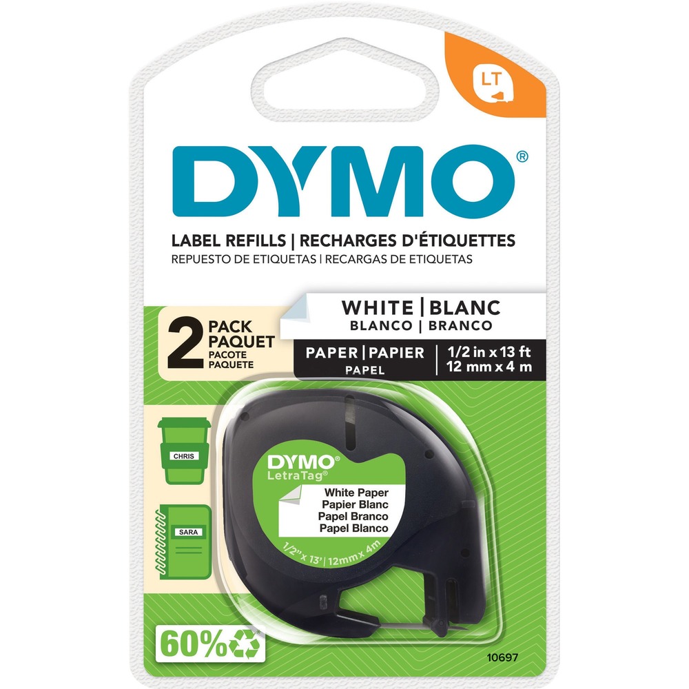 DYM10697BX - Labelmaker tape offers flexible performance for indoor and light uses. Self-adhesive paper tape features an easy-peel, split-back design. Special backing is split down the middle to make separation of the tape backing a snap for fast and easy label application. Tape is designed for use with Dymo LetraTag Plus LT-100T and LetraTag Plus LT-100H.