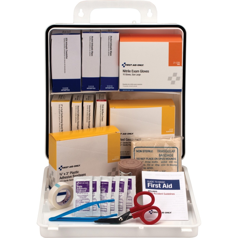 FAO60003 - First aid station is wall-mountable with fully weatherproof seal for indoor or outdoor use. Station meets OSHA standards when full. First aid station includes alcohol pads, antiseptic wipes, a variety of latex-free bandages and gauze, antibiotic ointment, burn ointment, scissors, tweezers, medical-grade gloves and a first aid guide. Single-use packaging ensures germ-free products. Case is made of plastic. Station contains more than 300 pieces for up to 75 people to meet needs of larger offices, retail stores or classrooms. Mount first aid station to wall.