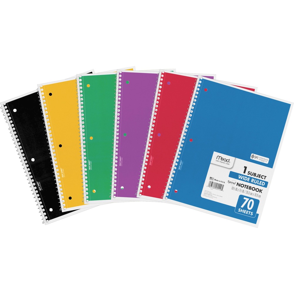 MEA05510BD - One-subject notebook is versatile and perfect for a variety of uses including in-class note-taking and recording meeting notes. One-subject format means you can specifically use it for your favorite class or any project. Perforated white pages are wide-ruled and double-sided to provide plenty of note-taking space. Notebook spiral binding will not snag and resists uncoiling to keep your notes together. Notebook covers are coated for durability and come in assorted colors randomly chosen: dark blue, black, green, purple, red and yellow. Covers and 70 sheets of paper are three-hole punched so you can easily store it inside a binder.