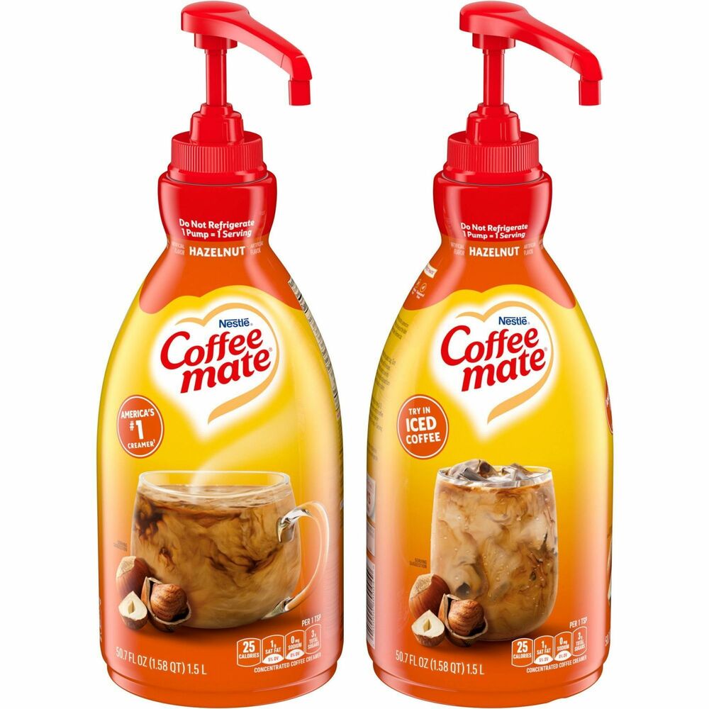 NES31831CT - Delight your employees, customers and guests by offering Coffee mate liquid creamer in your workplace, breakroom or kitchen. Liquid pump bottle creamer adds a rich, sweetened creamy flavor to coffee beverages so everyone can enjoy coffeehouse indulgence without ever leaving the building. The 1.5 liter Coffee mate pump bottle of Hazelnut creamer delivers approximately 300 servings per bottle. One pump equals one single-serving cup of liquid creamer. Creamer offers an ambient, 30-day shelf life after opening and a nine-month shelf life before opening. Formula has sugar added to it, which makes this product shelf-stable. To ensure food safety, the pump is not removable once installed.