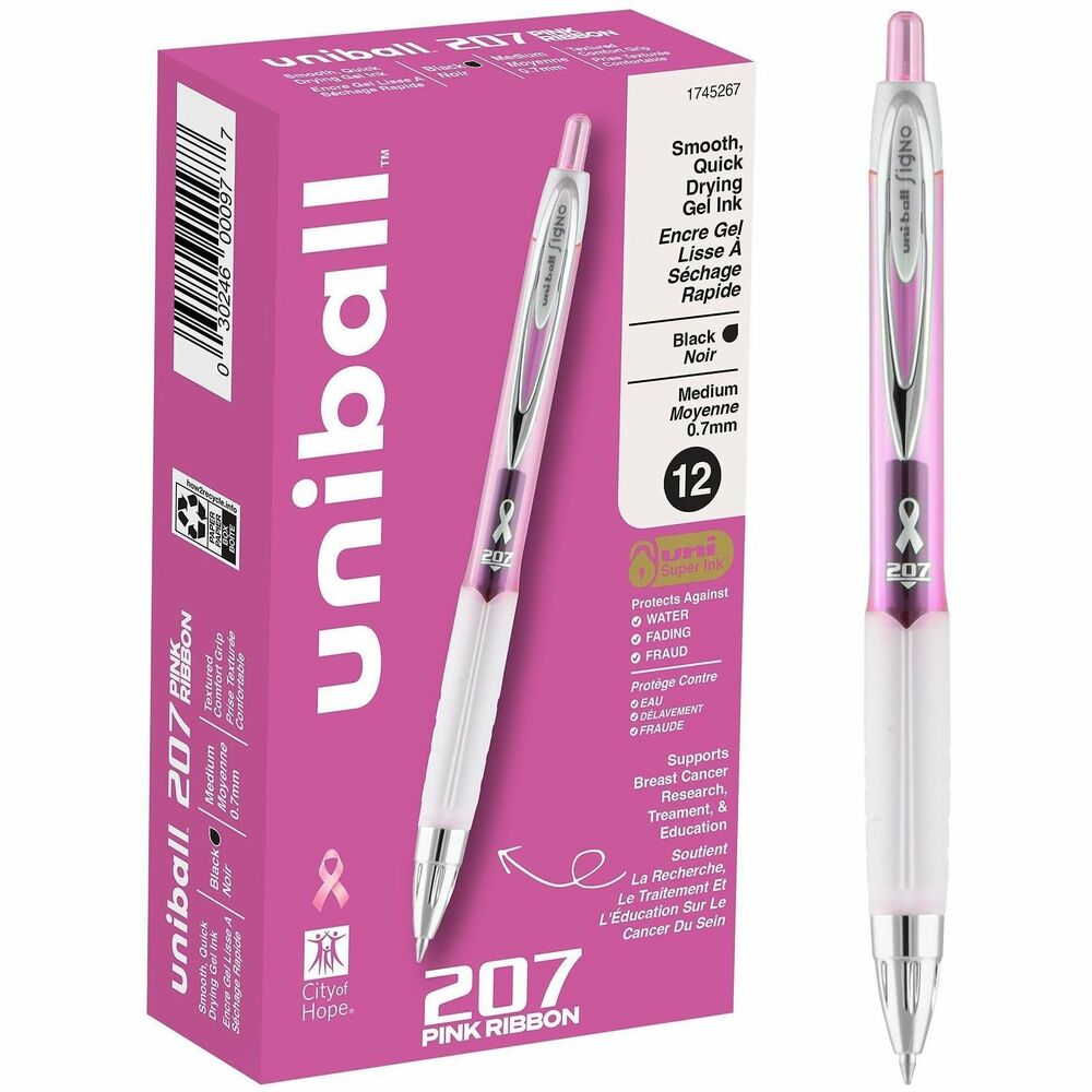 UBC1745267BX - Champion the cause of breast cancer research with these Pink Ribbon Edition 207 Retractable Gel Pens. Medium point (0.7mm) pens have a beautiful pink barrel with stylish, metallic accents and a Pink Ribbon logo. Each sale donates a portion of the earnings to City of Hope for breast cancer research, treatment and education. Even-flowing, pigment-based gel ink delivers a smooth writing experience for intense, vibrant lines, ensuring every mark is communicated. Medium point strikes the perfect balance between bold and detailed lines. Use retractable pens for everyday writing tasks and important signatures, trusting Super Ink technology to dry quickly. Innovative, uni Super Ink technology effectively entraps liquid ink into the paper, producing fraud-resistant, fade-resistant and water-resistant documents that prevent check washing and bleaching. Textured grip offers comfort and control. Translucent window lets you see when your ink is low to avoid running out.