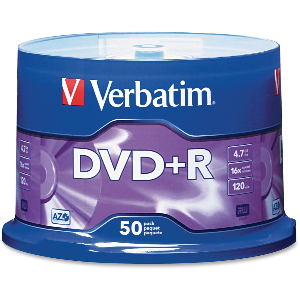 VER95037 - Verbatim DVD+R offer 4.7GB or 120 Minutes of write-once storage capacity, superior recording quality, and compatibility with 1X to 16X DVD+R writers, allowing users to record a complete 4.7GB/120Min disc in approximately 5 minutes. Recognized as the choice for professional users, Verbatim DVD+R features AZO recording dye, which provides the highest level of read/write performance, reliability, and archival life. Verbatim 16X DVD+R media is compatible with hardware from most leading drive manufacturers. More from the Manufacturer