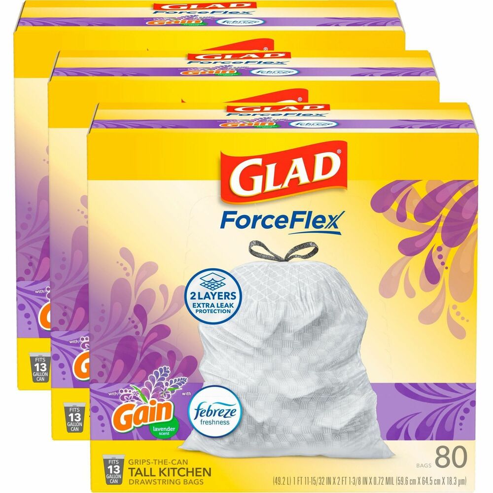 CLO78902CT - Fight nasty kitchen odors with Glad trash bags and the steady release of Febreze freshness. Glad Tall Kitchen Drawstring Trash Bags are designed with ForceFlex technology to give extra flex as they expand around sharp edges and heavy loads so you can pack them in while resisting tears, rips and punctures. A steady release of a fresh, clean scent with Febreze Freshness keeps your kitchen pleasantly fresh smelling with long-lasting odor control. Let the stretchable strength of Glad handle all the messes busy daily life can throw at it. With double-sided seals and a reinforced bottom, these bags are designed with RipGuard and LeakGuard technology to prevent seepage of liquids and keep trash contained. Durable Grips-The-Can Drawstring ensures a tight grip on the trash can to keep it in place. Keep your kitchen smelling clean with the stretchable strength of Glad. Bags are ideal for use in offices, schools, daycare centers, restaurants, hotels and other commercial facilities.