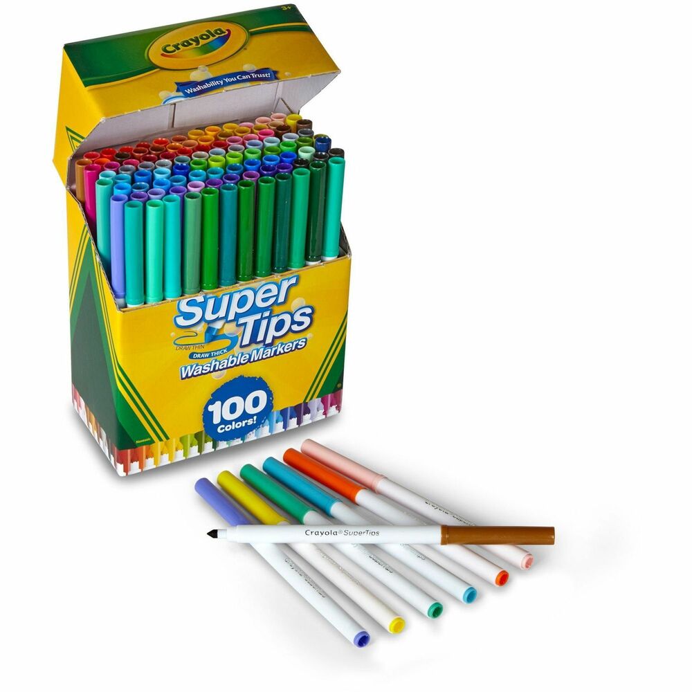 CYO585100 - Featuring primary, secondary and complementary colors, the SuperTips Washable Markers pack ensures you always have the color you need to complete your artwork. They feature a cool, conical drawing tip that can make both thick and thin lines as well as color in large areas. Vibrant ink won't bleed, making these markers a great choice for any writing, drawing or coloring project. Use these markers for shading, blending and other coloring techniques for dramatic results. These nontoxic markers are safe for artists of any age. The formula easily washes off skin as well as most fabrics so you can clean up quickly after arts and crafts time.