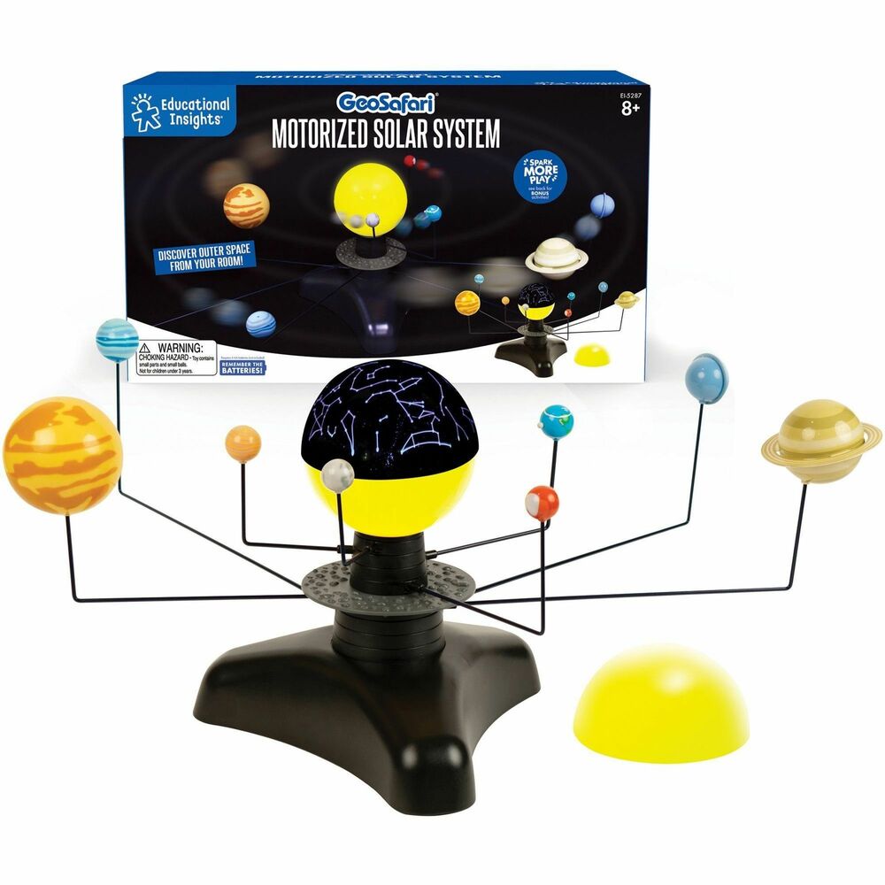 EII5287 - Motorized solar system features eight motorized planets and a glowing light-up sun to let your students watch the planets rotate just like they do in space. Or, turn off the lights and use the constellation projector to create a star show on the ceiling to transform your room into a working planetarium. Multilingual guidebook is packed with interesting solar system facts to help you introduce key astronomy concepts and terminology. Perfect for STEM learning, this motorized solar system is designed for children ages 8 and above.