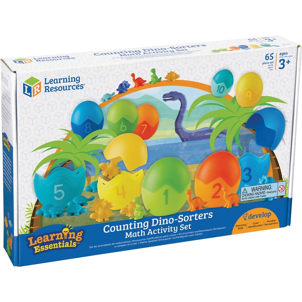 LRNLER1768 - Math activity set features little dinosaurs that tuck away inside the eggs for a fun way for children to learn about counting and colors. Each numbered and colored egg holds a corresponding number of dinosaurs inside, so children learn about number correspondence as well. Visual and tactile learning experience is perfect for developing fine-motor skills, hand-eye coordination, counting and matching skills, patterning, language development and more. 65-piece set is designed for children ages 3 and up.