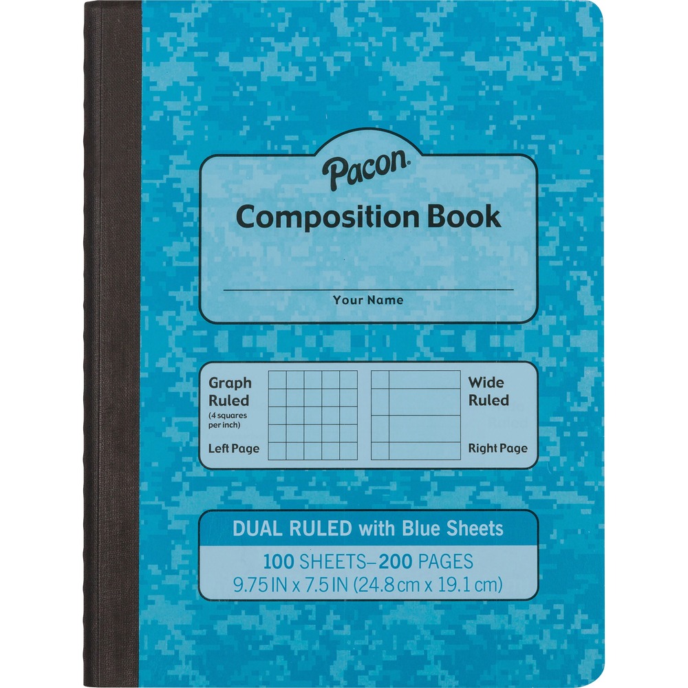 PACMMK37160 - Dual-Ruled Composition Book features two alternating ruling styles. The right-hand page offers a 3/8" wide ruling for traditional note-taking while the left-hand page features a 1/4" grid ruling to draw coordinating graphs, illustrations and interpretations. Note-taking in this manner engages both hemispheres of the brain. Durable, hard cover protects the 100 light blue sheets inside. Using colored paper has been shown to help students with dyslexia work through the impacts of this learning disability. Colors also allow students to organize by class, theme or semester.