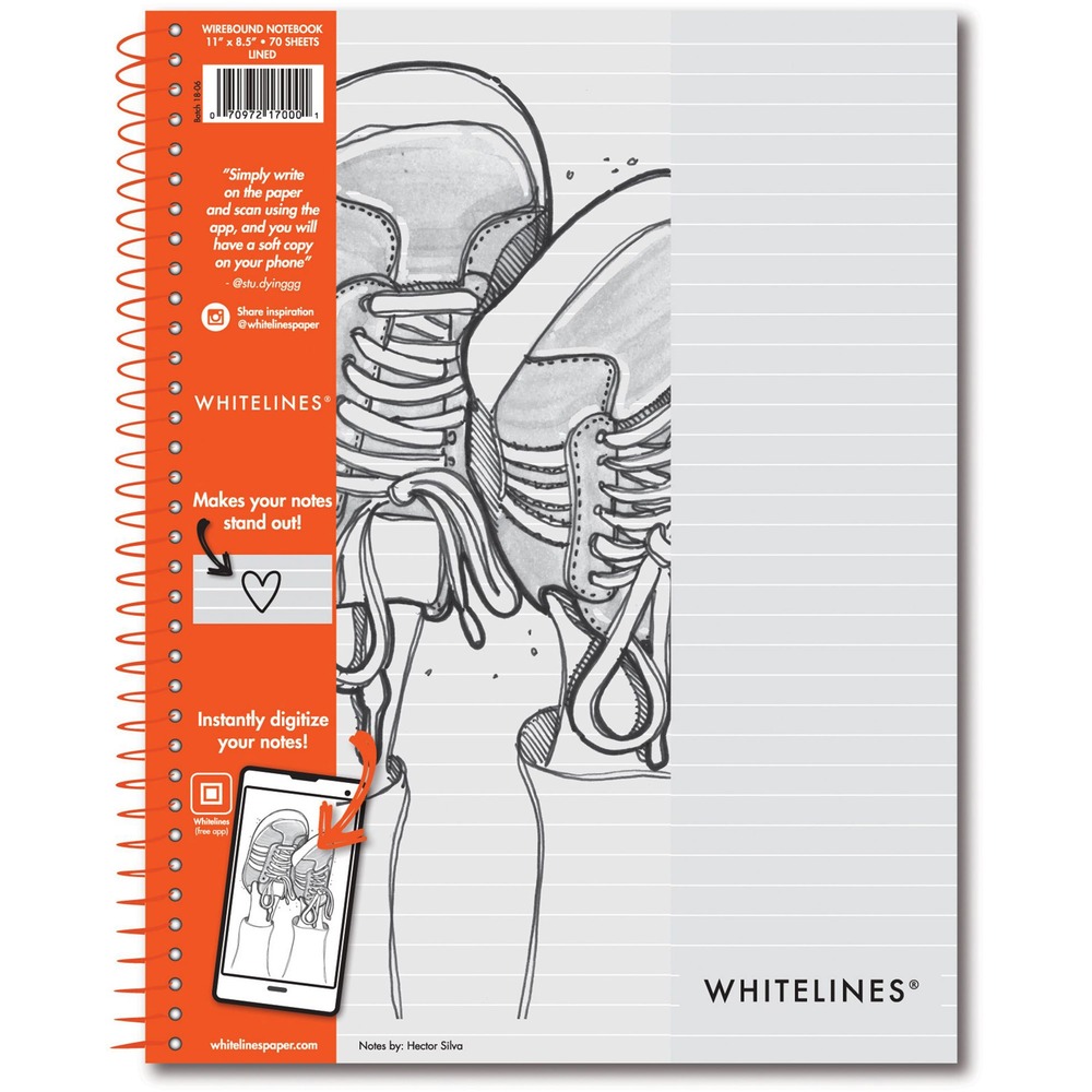 ROA17000 - Wirebound notebook features a unique ink technology that works with the free Whitelines Link mobile app to create an instant electronic file of whatever is on the page, while eliminating all background not on the paper. Simply write, scan and save your notes and scribbles to save all of your work digitally. Wirebound design lets you completely open pages flat on surfaces for easier handwriting. Thick backing provides a sturdy writing surface that's excellent for use while standing or on your desk. Notebook is perfect for tracking ideas, drafts, notes, designs and more.