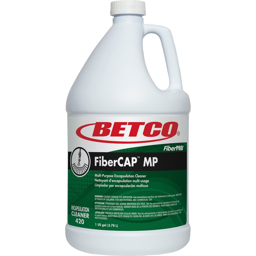 BET4200400 - FiberCAP MP contains advanced technology in encapsulation chemistry with polyhedral polymers to get all types of your commercial carpeting cleaner. The unique crystallization geometry of these polymers enhance soil entrapment and provides better release from the carpet fiber. Paired with the FiberCAP 20 Carpet Machine, FiberCAP MP leaves carpets cleaner longer. Low-moisture, multipurpose encapsulation cleaner dries fast after removing oily dirt and detergent residue. Routine maintenance is easy for quick removal of surface soils and spots without use of extraction machines. Dilution ratios depend on types of cleaning jobs: 1:10 for spot/traffic lane cleaning; 1:16 for interim/low-moisture cleaning; 1:64 for normal cleaning and 1:32 for heavy cleaning.