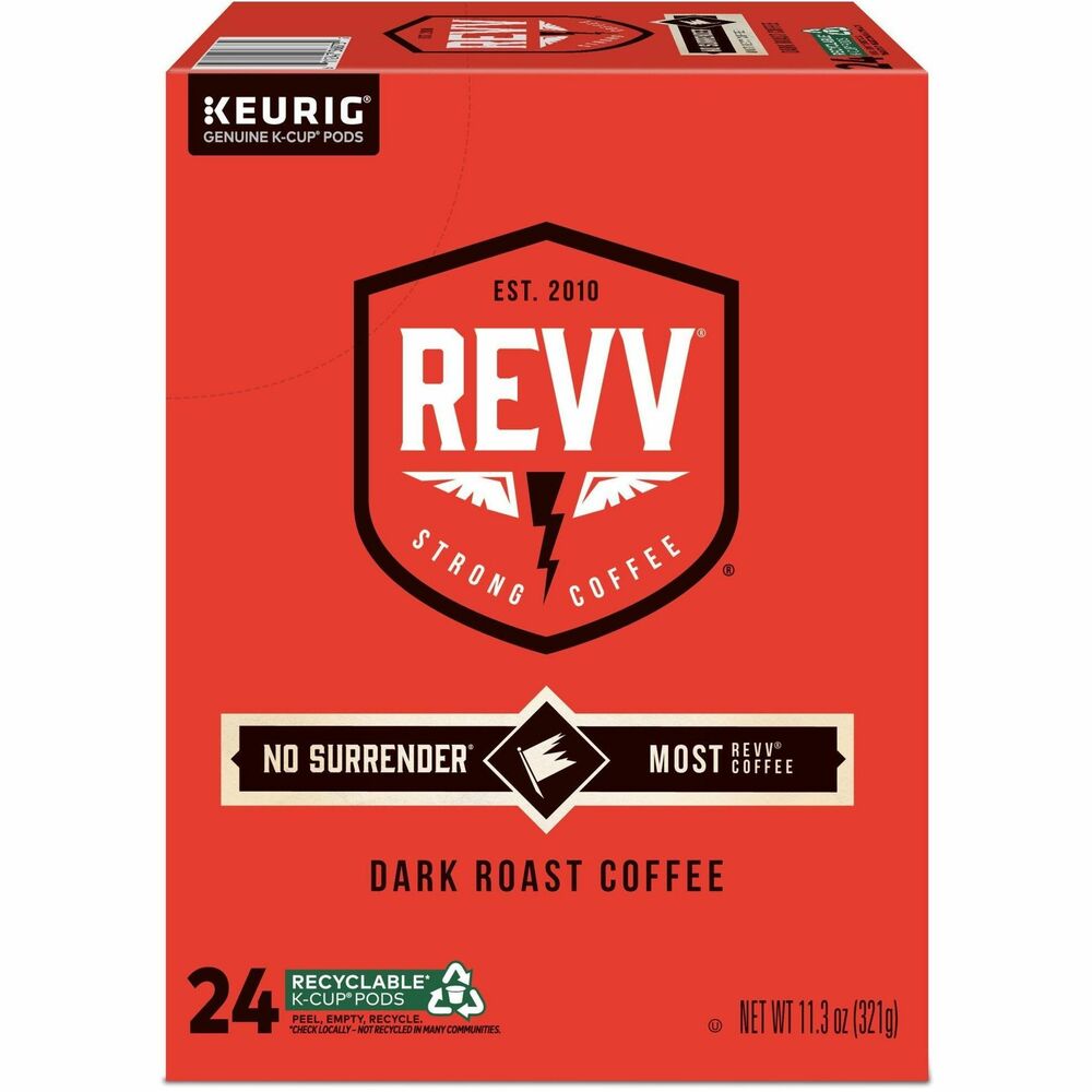 GMT196924 - BREW FIRST. ASK QUESTIONS LATER. Deep. Bold. Smooth. A bold and battle-ready dark roast that takes no prisoners and shows no mercy. Delightfully smooth. Devastatingly strong. So ditch the white flag. Raise a cup instead. REVV No Surrender is strong coffee. Like, really strong. Good-morning-kiss-from-a-jackhammer strong. In other words, it's just what you need. Drop one in your Keurig brewer, deep-six your forty winks, and join the ReVVolution. A rich and balanced, dark-roasted dynamo filled to the brim and loaded for bear with the strongest coffee we could find. We are the early risers. The all nighters. The daily grinders. Packed with specialty grade coffee, single-serve REVV Coffee K-Cup pods are compatible with all Keurig K-Cup pod single-serve coffee makers. Each K-Cup pod is filled with the freshest ground coffee and brews a perfect, great tasting cup of coffee, every time. Dark roast, caffeinated coffee and Certified Orthodox Union Kosher. Think you're ready