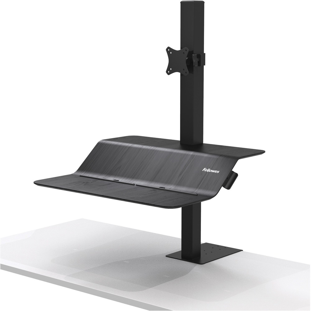 FEL8080101 - Lotus VE Sit-Stand Workstation with single-monitor arm features Smooth Lift Technology so you can effortlessly transition from sitting to standing. Dual worksurfaces offer useful space and stability to support all of your essentials. Convenient channel keeps all of your devices at your fingertips. Integrated cord management with rear USB ports keeps your desk free of tangled cords. The 15" of vertical adjustment lets you work in a position that's perfect for you. Single clamp with limited installation can be mounted to the back edge of any worksurface (1" to 3-1/8"). BIFMA-tested workstation accommodates monitors up to 20 lb. with a 25 lb. total weight capacity. Monitor arm measures 29" wide x 28-1/2" deep x 42-1/2" high. More from the Manufacturer