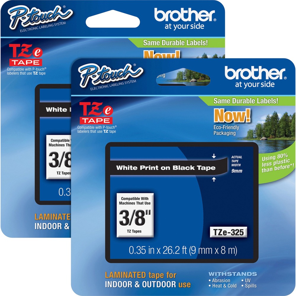 BRTTZE325BD - Laminated tape features standard adhesive designed for smooth, flat surfaces like office paper, file folders and binders. These labels stay on under normal indoor and outdoor use, including hot and cold environments. Use with Brother P-touch Labelers using TZ or TZe tapes. They include PT-D200, PT-D210, PT-H100, PT-1010, PT-1090, PT-1230PC, PT-1280, PT-1290, PT-1830, PT-1880, PT-2100, PT-2110, PT-2030, PT-2030AD, PT-2030VP, PT-D400, PT-D400AD, PT-D400VP, PT-D450, PT-H300, PT-H300LI, PT-2430PC, PT-2710, PT-2730, PT-2730VP, PT-D600, PT-1100, PT-1100SB, PT-1120, PT-1130, PT-1160, PT-1170S, PT-1180, PT-1190, PT-1200, PT-18R, PT-300, PT-310, PT-320, PT-1300, PT-1700, PT-1750, PT-1800, PT-1960, PT-330, PT-350, PT-520, PT-540, PT-580C, PT-2200, PT-2210, PT-2300, PT-2310, PT-2400, PT-2410, PT-2500PC, PT-2600, PT-2610, PT-3600, PT-9200DX, PT-9200PC, PT-9400, PT-9500PC and PT-9600. Print color is white. Background is black. Tape measures 9mm (7/20") wide x 8m (26-1/5') long.