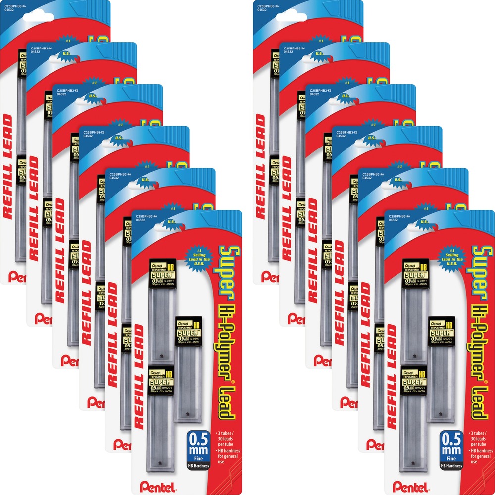 PENC25BPHB3K6BX - Super Hi-Polymer Lead Refills produce crisp lines of consistent darkness, smoothness and density in mechanical pencils. Each super-strong lead writes as far as an entire wooden pencil and produces a dark line. A 12-piece tube is equivalent to 12 wooden pencils.