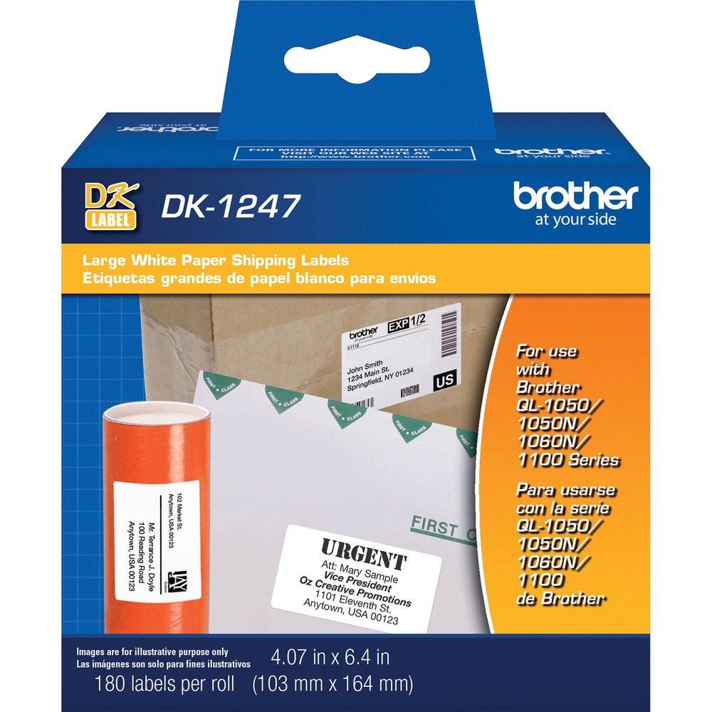 BRTDK1247 - Create custom shipping labels quickly and easily with these die-cut, round paper labels. They are designed for use with Brother QL-1050, QL-1050N, QL-1060N and QL-1100 Series. Roll includes 180 large, die-cut labels. Self-adhesive backing makes them easy to apply. For best results, use only Genuine Brother Supplies with your Brother devices. More from the Manufacturer