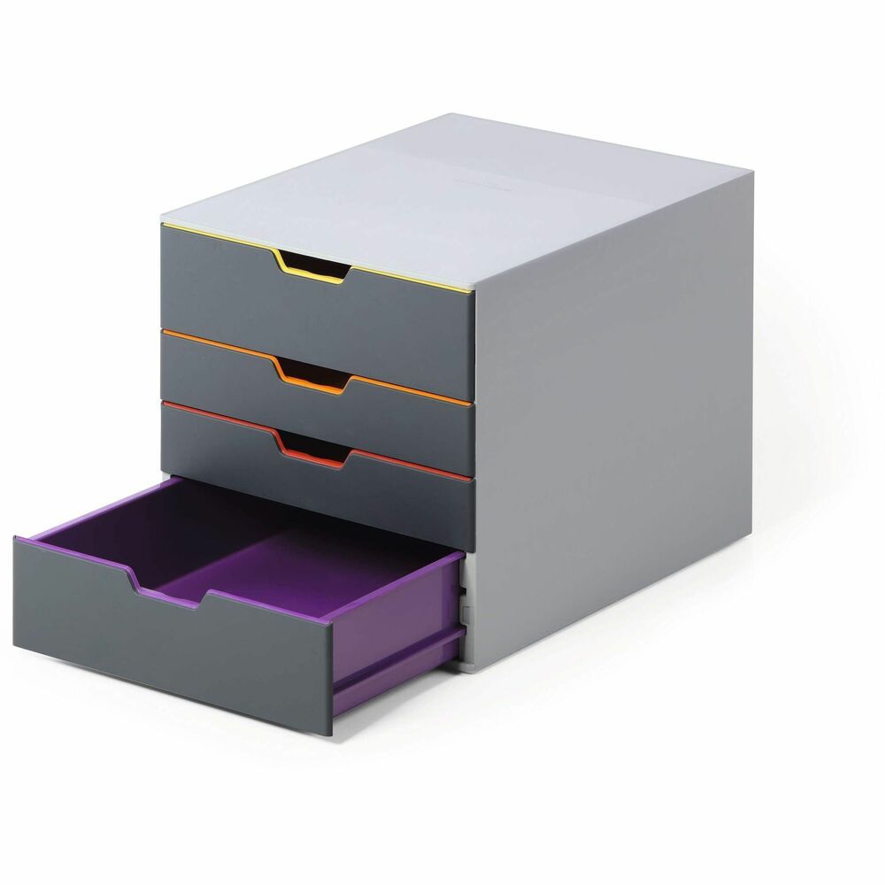DBL760427 - Varicolor Mix 4-Drawer Box features color-coded, versatile organization options for any office or home office. With drawers in four different colors, color-coding documents is a breeze. Two XXL drawers provide even more room for storage. Removable drawers are compatible with formats up to A4, C4 as well as folio and letter-size formats. Plastic, anti-slip feet prevent drawers from sliding on smooth surfaces and allow stacking. This plastic drawer organizer fits easily into all standard office cabinets and sideboards. Drawers feature pullout drawer stops and operate smoothly and silently for easy access to your documents. Transparent labeling windows and exchangeable insert sheets help you label each drawer. More from the Manufacturer