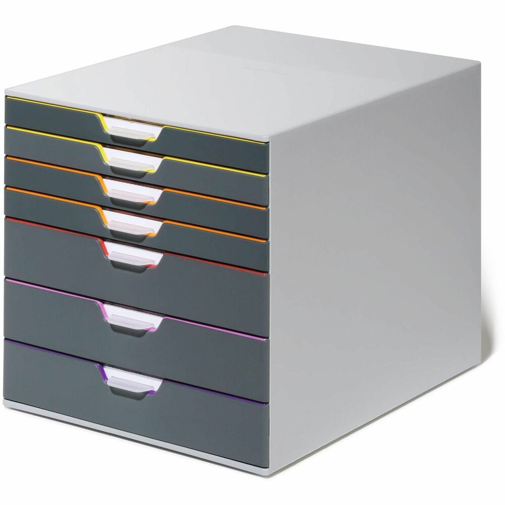 DBL760727 - Space-saving desktop organizer with 7 color-coded drawers for sorting documents and supplies. Customizable drawers with transparent label holders and included printable inserts. Made of premium acrylic for durability and smooth, silent movement with built-in stops. Anti-slip pads prevent sliding and scratches. Fits letter-size documents. Stackable or place side by side to optimize space. 11 (H) × 11.5 (W) × 14 (D) in. Multicolor. More from the Manufacturer