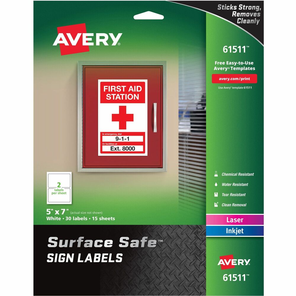 AVE61511 - Blank adhesive signs you can customize and print on-site help maintain a safe workplace so you can easily print and post important workplace safety messages like "Employees Must Wash Hands," "Prevent Germs," "Virus Outbreak - Proceed with Caution," "Hand Wash" and more. Surface Safe adhesive is engineered to stick strongly and remove cleanly from painted walls, drywall, metal and glass without any residue or damage to surfaces. Made of durable, professional-grade material, these label signs are engineered to resist water, chemicals and abrasion, and hold up to wear and tear in warehouses and on the manufacturing floor. They are optimized for laser and inkjet printers - no special label or sign printer required. Use free online software with hundreds of caution, warning, hazard and danger sign templates that are compliant with ANSI Z535.4-2011 and OSHA 1910.145, or easily create your own custom safety label signs on demand. Place them with confidence, knowing your walls are safe. More from the Manufacturer