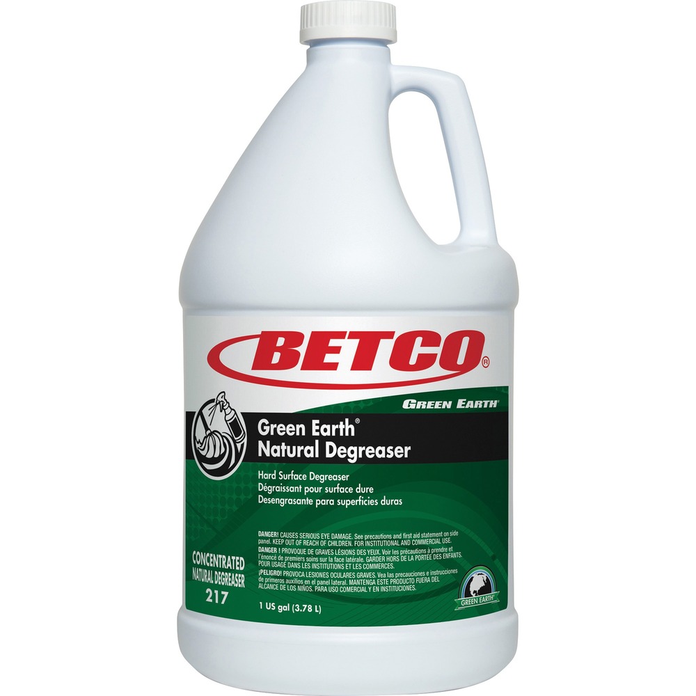BET2170400 - This powerful degreaser is the naturally preferred solution for all degreasing tasks. A synergistic blend of natural ingredients with a unique surfactant system produces a concentrated formula that equals most traditional degreasers. This unique degreaser breaks down greases, oils and fats including industrial petroleum greases on all water-safe surfaces. Green Earth Natural Degreaser removes inks, oils, greases and fats from a variety of surfaces with a proprietary blend of natural, bio-renewable/bio-based ingredients. Dilution ratio is 1:64.