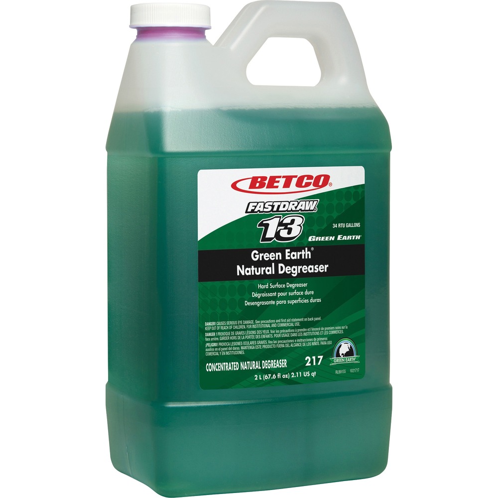 BET2174700 - This powerful degreaser is the naturally preferred solution for all degreasing tasks. A synergistic blend of natural ingredients with a unique surfactant system produces a concentrated formula that equals most traditional degreasers. This unique degreaser breaks down greases, oils and fats including industrial petroleum greases on all water-safe surfaces. Green Earth Natural Degreaser removes inks, oils, greases and fats from a variety of surfaces with a proprietary blend of natural, bio-renewable/bio-based ingredients. Dilution ratio is 1:64. As part of the FastDraw system, it is numbered (FastDraw 13) and color-coded to eliminate misuse. Spill-proof bottle helps prevent chemical contact with cleaning staff. Patented technology uses two metering tips for low-flow and high-flow dilution. Curved siphon tubes on the FastDraw Dispensers (not included) allow complete product evacuation, eliminating waste.
