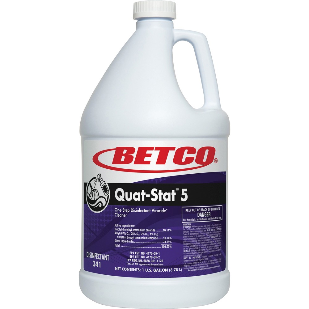 BET3410400 - Quat-Stat 5 Disinfectant provides hospital disinfection with a contact time of only 5 minutes. This one-step registered cleaner/disinfectant offers excellent cleaning performance on a wide variety of surfaces. It cleans, disinfects and deodorizes, leaving a lavender fragrance. Concentrated alkaline disinfectant is effective against Norovirus and offers an economical dilution ratio at 0.5 oz. per gallon (1:256). Apply solution to hard, nonporous surfaces, thoroughly wetting surfaces with a cloth, mop, sponge, sprayer or by immersion. Treated surfaces must remain wet for 5 minutes. Wipe dry with a cloth, sponge or mop or allow to air-dry. For heavily soiled areas, a preliminary cleaning is required. Quat-Stat 5 can be used with auto scrubbers.