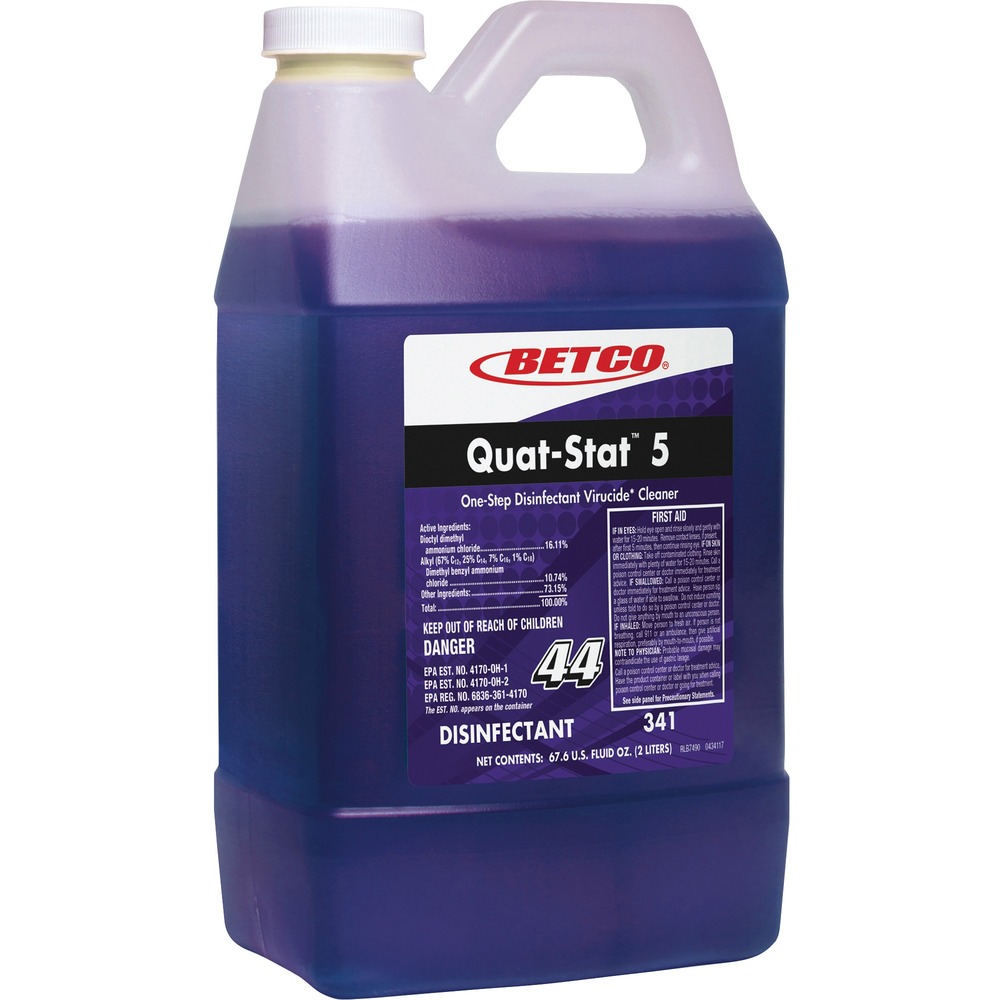 BET3414700 - Quat-Stat 5 Disinfectant provides hospital disinfection with a contact time of only 5 minutes. This one-step registered cleaner/disinfectant offers excellent cleaning performance on a wide variety of surfaces. It cleans, disinfects and deodorizes, leaving a lavender fragrance. Concentrated alkaline disinfectant is effective against Norovirus and offers an economical dilution ratio at 0.5 oz. per gallon (1:256). Apply solution to hard, nonporous surfaces, thoroughly wetting surfaces with a cloth, mop, sponge, sprayer or by immersion. Quat-Stat 5 can also be used with auto scrubbers. As part of the FastDraw system, it is numbered (FastDraw 44) and color-coded to eliminate misuse. Spill-proof bottle helps prevent chemical contact with cleaning staff. Patented technology uses two metering tips for low-flow and high-flow dilution. Curved siphon tubes on the FastDraw Dispensers (not included) allow complete product evacuation, eliminating waste.