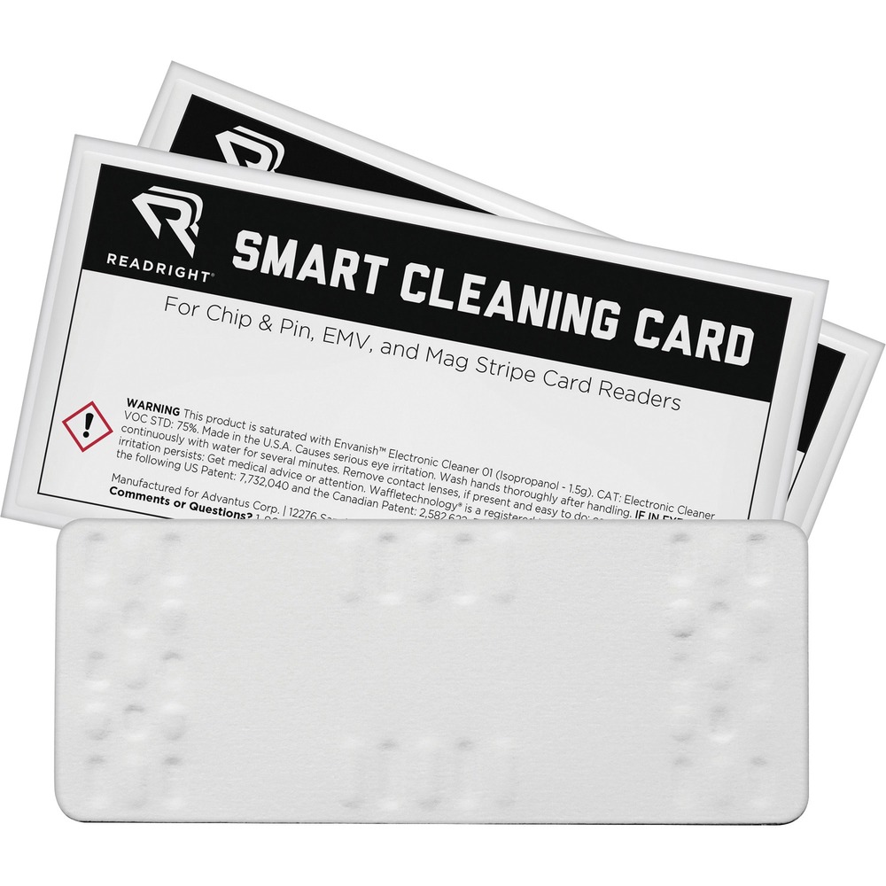 REARR15059 - Smart cleaning card features Waffle technology that thoroughly cleans chip and pin, EMV and mag stripe card readers to improve your transaction completion rates and prevent susceptibility to fraudulent transactions. The unique waffle design conforms to critical surface areas including chip reader pins and is equally effective for swipe, friction head and landings in all card reader devices. Single-use card prevents cross-contamination for effective cleaning performance. Pre-saturated design eliminates the need to carry any additional products for fast, simple cleanings. Cleaning card is perfect for manual ATMs, POS terminals, handheld POS devices, self-serve kiosks, mag stripe readers, transit/parking pay stations, vending machines, pay at the pump, time clocks, door locks and more.