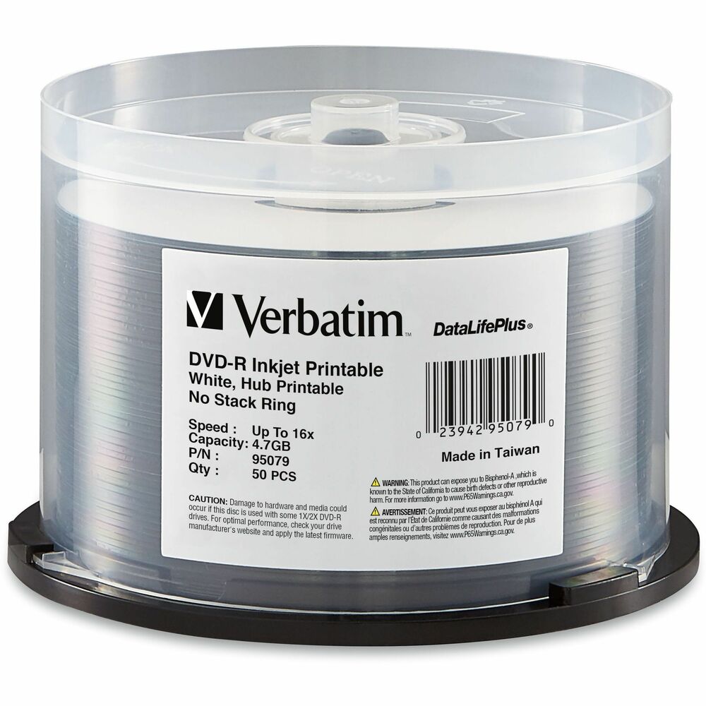 VER95079 - Combining an exceptional inkjet printable surface with professional-grade AZO, recording performance and reliability, Verbatim DataLifePlus White Hub Inkjet Printable DVD-R 16X discs are the ultimate choice for developing, customizing and distributing DVD content. Certified for 1X-16X* DVD recording and preferred by DVD+R drive manufacturers, Verbatim DataLifePlus DVD-R media uses an advanced AZO recording dye to provide the highest level of performance, compatibility, and archival life. DataLifePlus White Hub Inkjet Printable 16X DVD-R discs have been extensively tested and qualified for use with DVD/CD Inkjet printers and duplicators offered by such leading industry manufacturers as Primera, Microboards & Epson. More from the Manufacturer