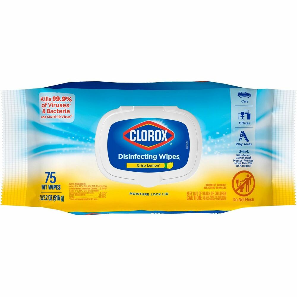 CLO31404 - Clorox Disinfecting Wipes come in a convenient, easy-to-pull dispensing pack to make cleaning easy. Flexible pack allows you to easily dispense, clean and disinfect while storing, stacking or taking on-the-go. 3-in-1 Clorox Disinfecting Wipes kill germs including salmonella, staph, Influenza Virus and Pseudomonas aeruginosa, clean tough messes and remove more than 99 percent of allergens (pet dander, dust mite matter, pollen particles, grass) all while leaving a lemon scent. Disinfecting wipes kill 99.9 percent of viruses (Human Coronavirus, Respiratory Syncytial Virus, Influenza Virus) and bacteria that can live on surfaces, including COVID-19 virus on hard, nonporous surfaces; E. coli; MRSA; strep and Kleb. All-purpose wipes remove common allergens, germs and messes on kitchen counters, bathroom surfaces and more. They can prevent the growth of bacteria for up to 24 hours on nonfood-contact surfaces. Do not flush.