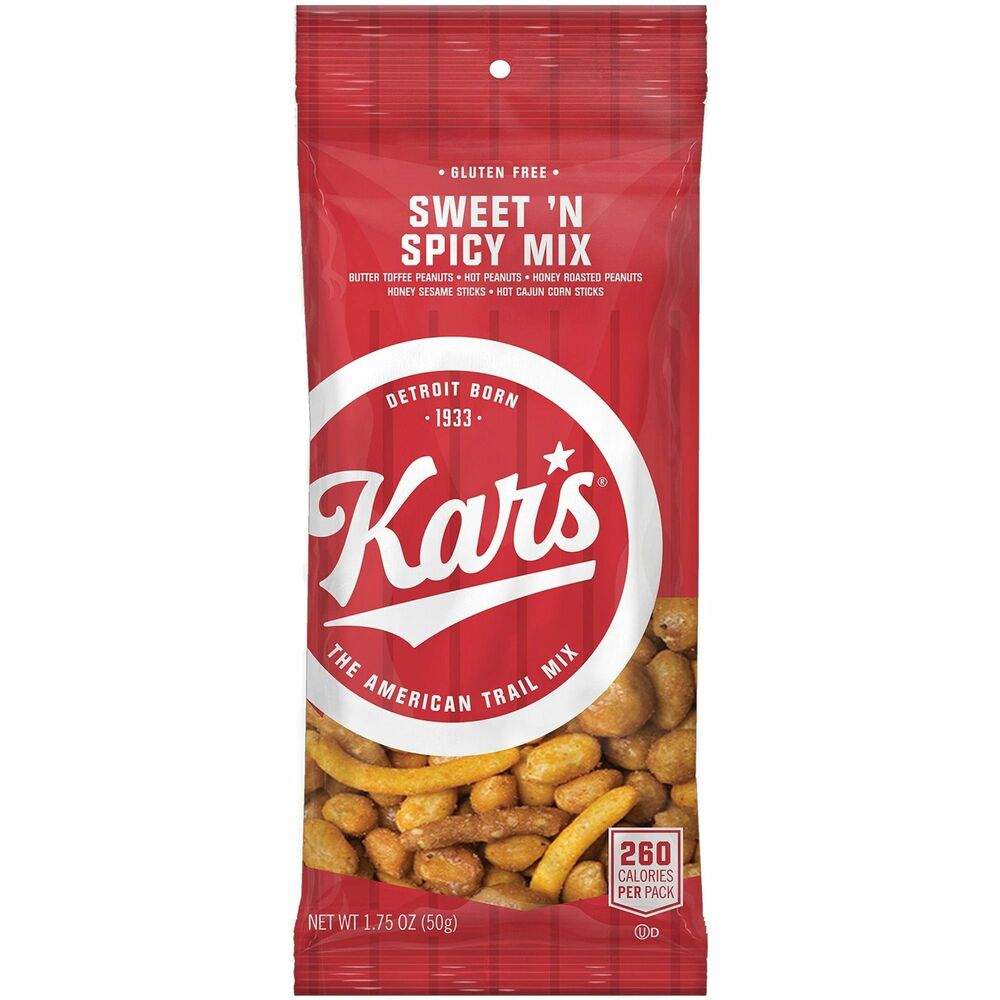 KARSN08384 - Sweet N Spicy Mix is a healthy snack for the office or on the go. 1.75 oz. packs of trail mix also offer a single-serve snack for the breakroom. Mix contains peanuts with a butter toffee coating, roasted peanuts, honey roasted peanuts, Cajun Corn Sticks, and roasted sesame sticks.