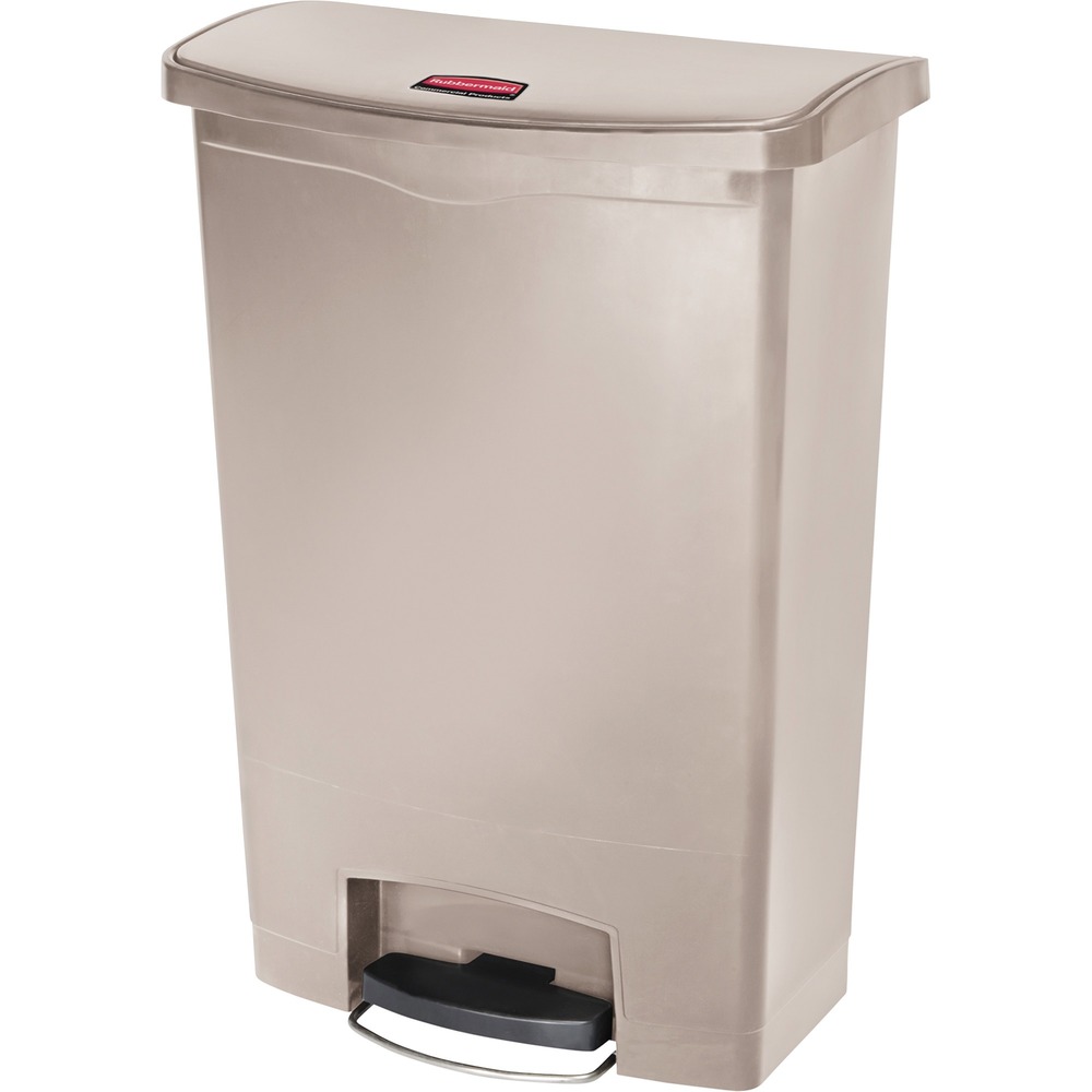 RCP1883552 - Resin step-on container is perfect for hands-free garbage disposal indoors and holds up to 24 gallons. Increased foot pedal clearance provides easier access and operation. Pedal is located in the front. Slim profile and small footprint maximize space to fit in tight spaces. Internal hinge design prevents wall damage. Quiet, controlled lid closure minimizes noise to enhance guest and patient satisfaction. Liner retainer band easily and securely holds polyliners. Smooth surfaces and contoured edges are easy to clean. Slim Jim Step-On Utility Container is also factory mutual certified to ensure fire safety for regulatory compliance and meets OSHA and OBRA standards for worker and environmental safety.