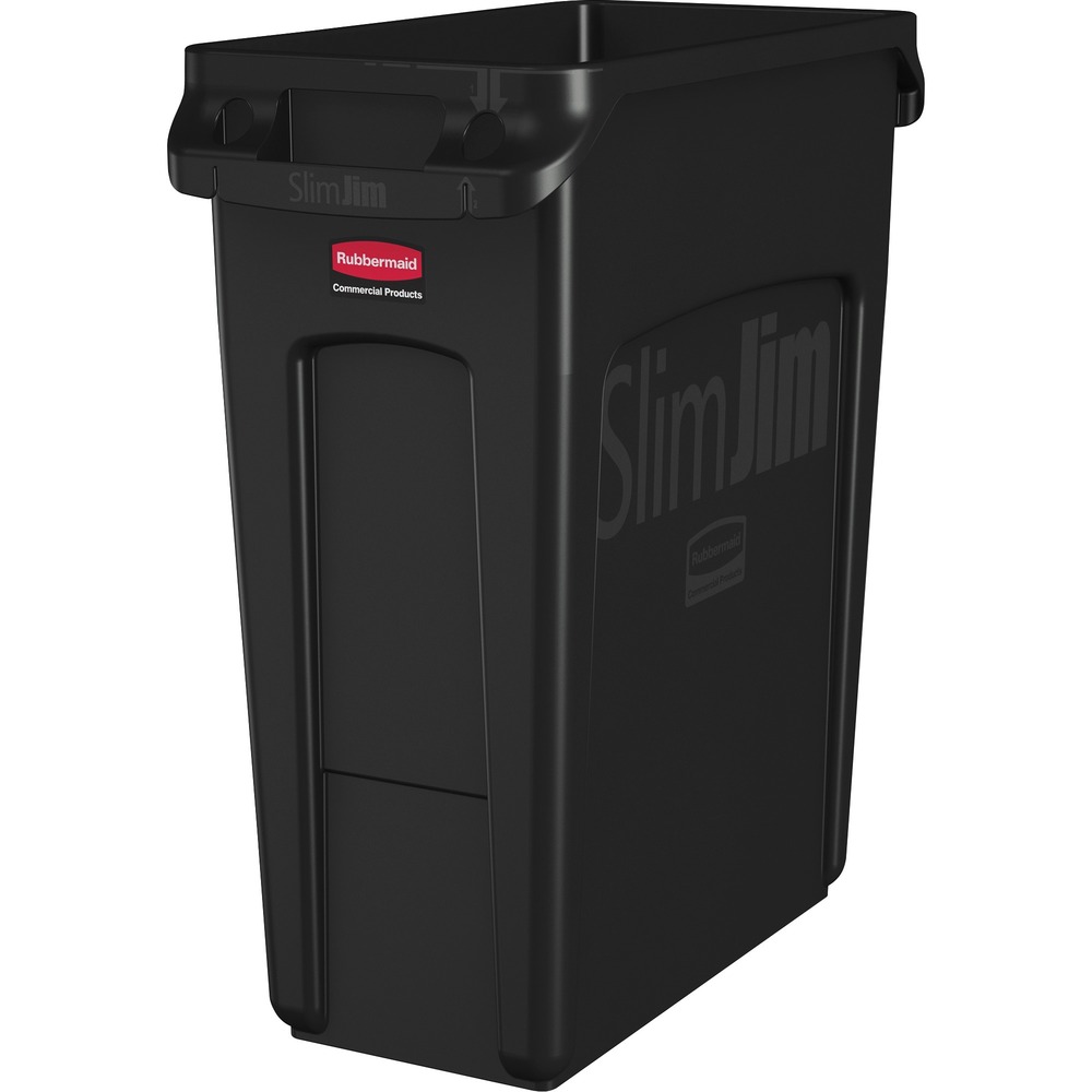 RCP1955959 - This Slim Jim container delivers the durability needed for commercial environments combined with innovation to increase worker productivity. Venting channels make removing liners up to 80 percent easier than traditional containers so the Slim Jim helps you get the job done more efficiently. They improve productivity and reduce the risk of worker injury. Integrated cinches around the rim allow quick, knot-free liner changes. Space-saving profile fits virtually anywhere. Handles at the base and rim of this 16 gallon container improve grip and control while lifting and emptying full containers. Rim with rib-strengthened design increases strength and resists crushing. Slim Jim accessories, such as recycling tops, swing lid, hinge lid and dolly (sold separately), bring you an efficient solution for collection, transportation and disposal of multi-stream waste and recyclables in tight spaces.