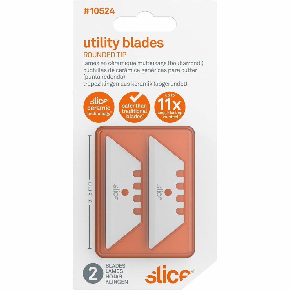 SLI10524 - Utility blade is made with 100 percent zirconium oxide, an advanced ceramic material, to provide a number of useful features that set it apart from typical steel blades. Zirconium oxide is nonsparking, nonconductive, nonmagnetic, chemically inert and never rusts. Slow-to-dull blade starts at an effective sharpness and retains its safe cutting edge for up to 11 times longer than steel for consistently smooth cuts again and again. Its natural edge retention utilizes a finger-friendly grind to resist piercing skin while maintaining its high-quality cutting performance. Plus, its safer edge eliminates the need for special sharps disposal boxes. Reversible blade with round tip is designed for use Slice 10490 and 10491 handles. It is also 100 percent recyclable.